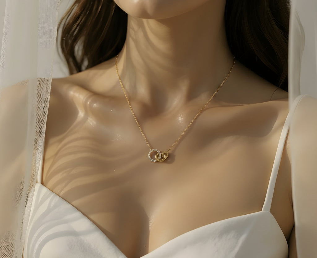 Ameya Interlocking Circles Necklace, 18K Gold Plated with Crystal Accents, Dainty Chain
