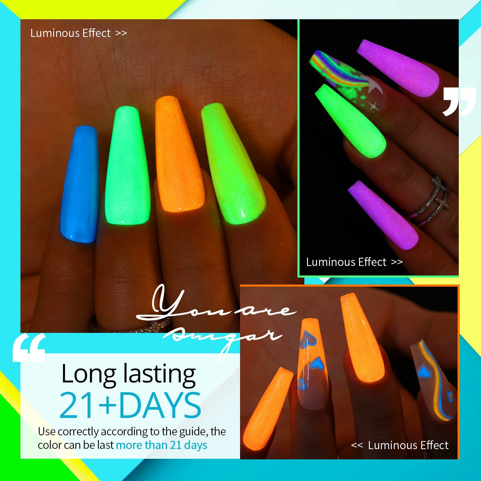 UR SUGAR Glow in the Dark Gel Nail Polish Set – 6 Neon Halloween Colors, Soak-Off