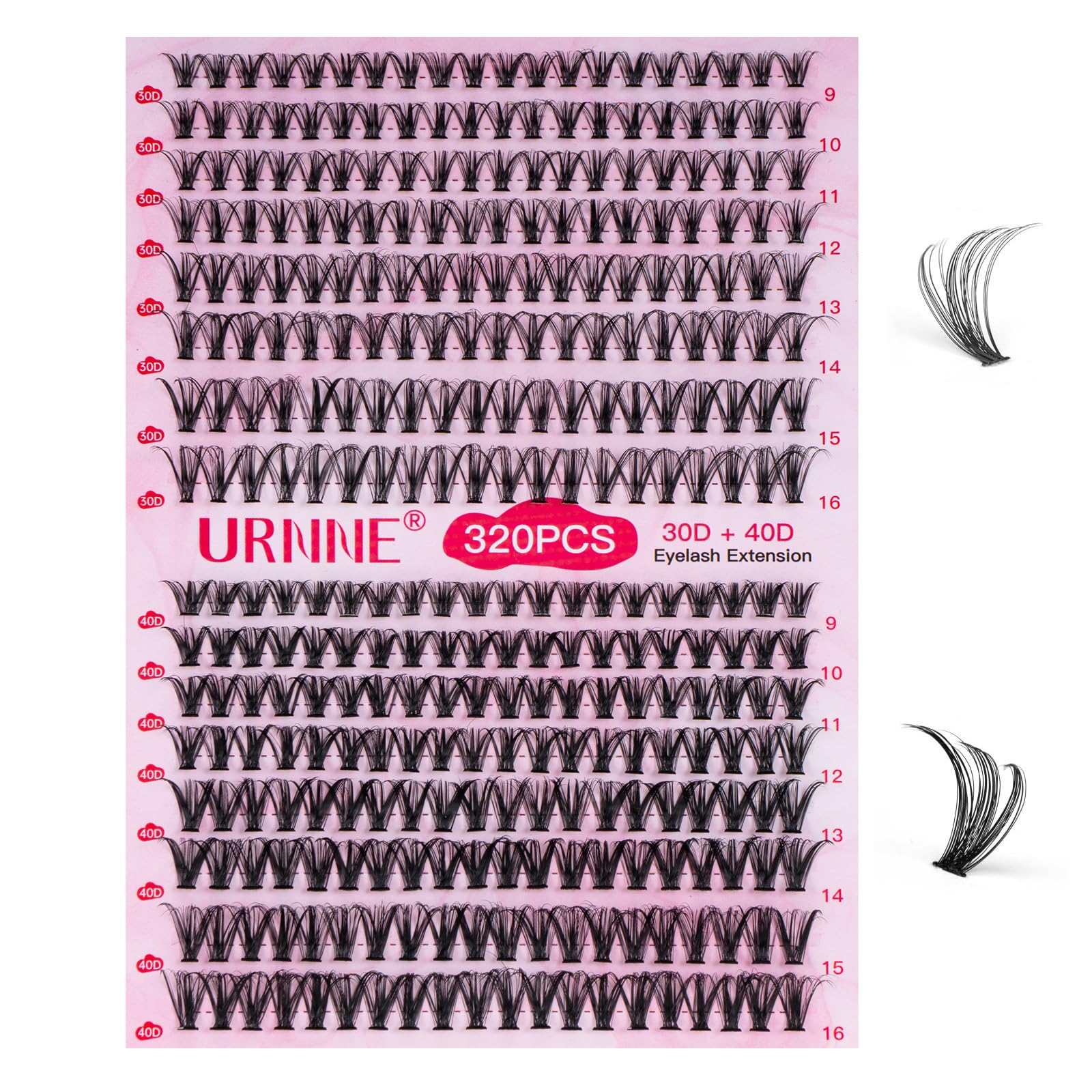 URNNE DIY Lash Extension Kit — 9-16mm Mix, 320 Pcs Clusters, Bond & Seal