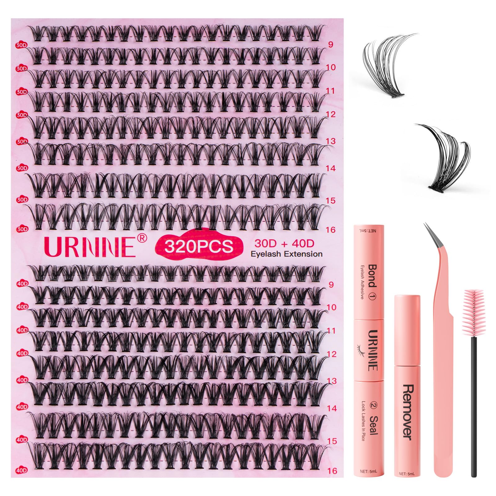 URNNE DIY Lash Extension Kit — 9-16mm Mix, 320 Pcs Clusters, Bond & Seal