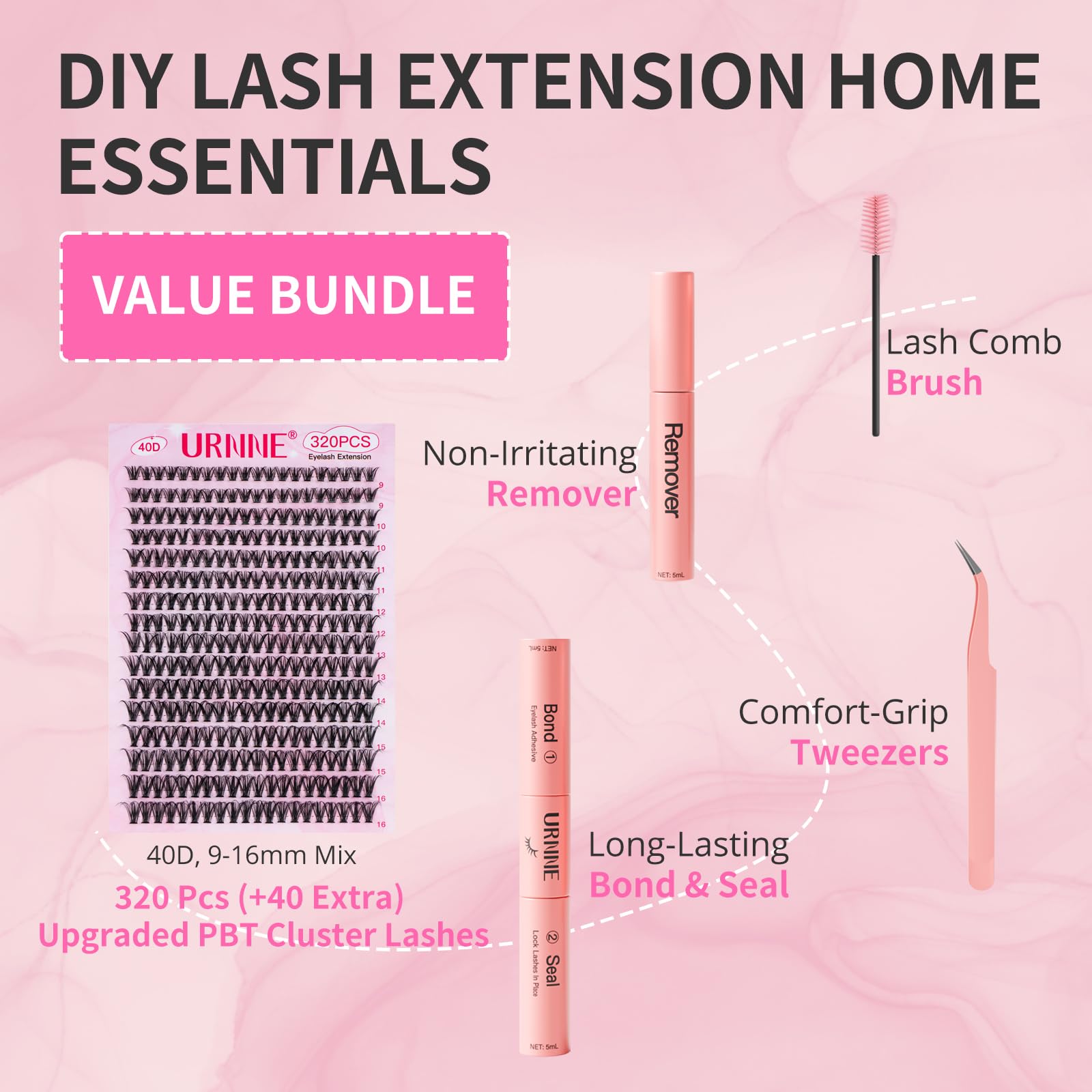 URNNE Lash Extension Kit – 320 Pcs 40D Clusters with Bond & Seal
