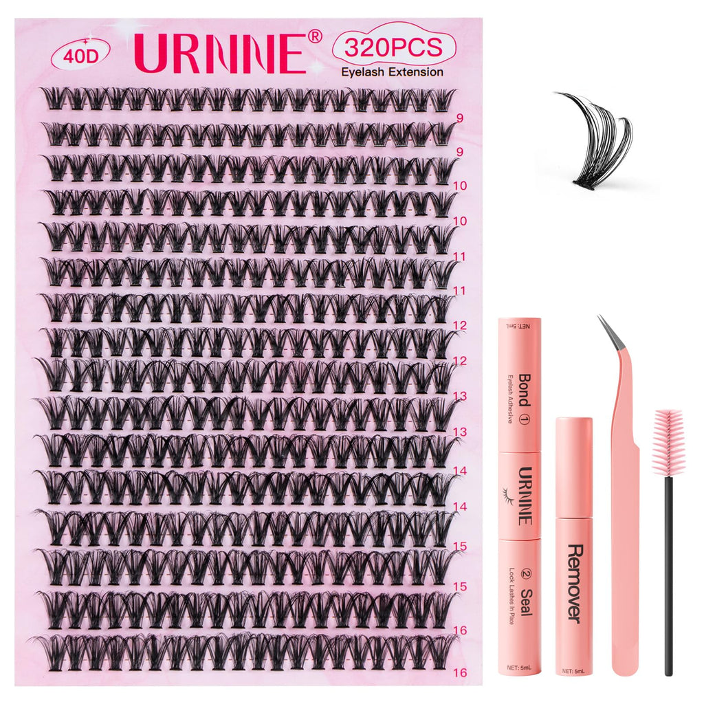 URNNE Lash Extension Kit – 320 Pcs 40D Clusters with Bond & Seal