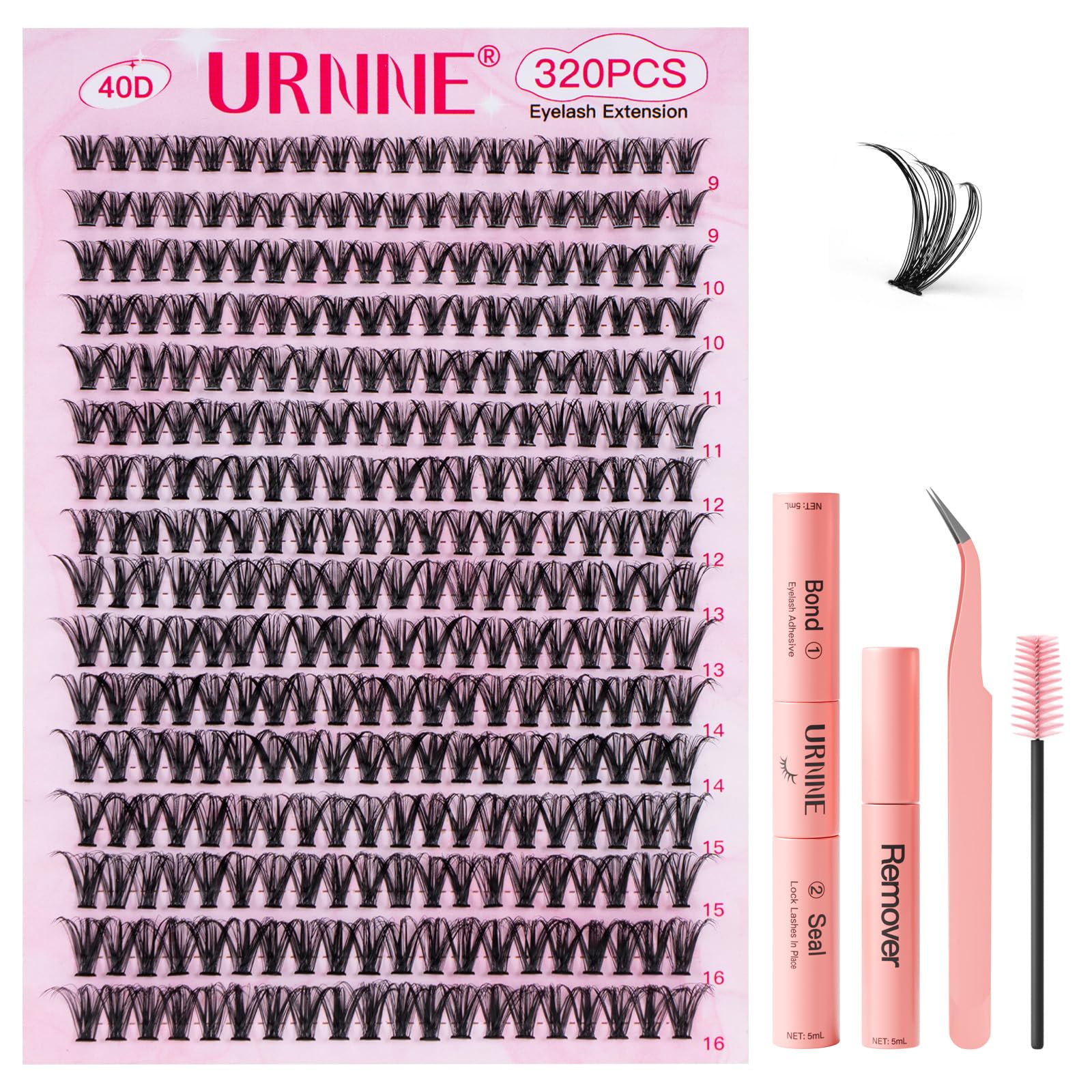 URNNE Lash Extension Kit – 320 Pcs 40D Clusters with Bond & Seal