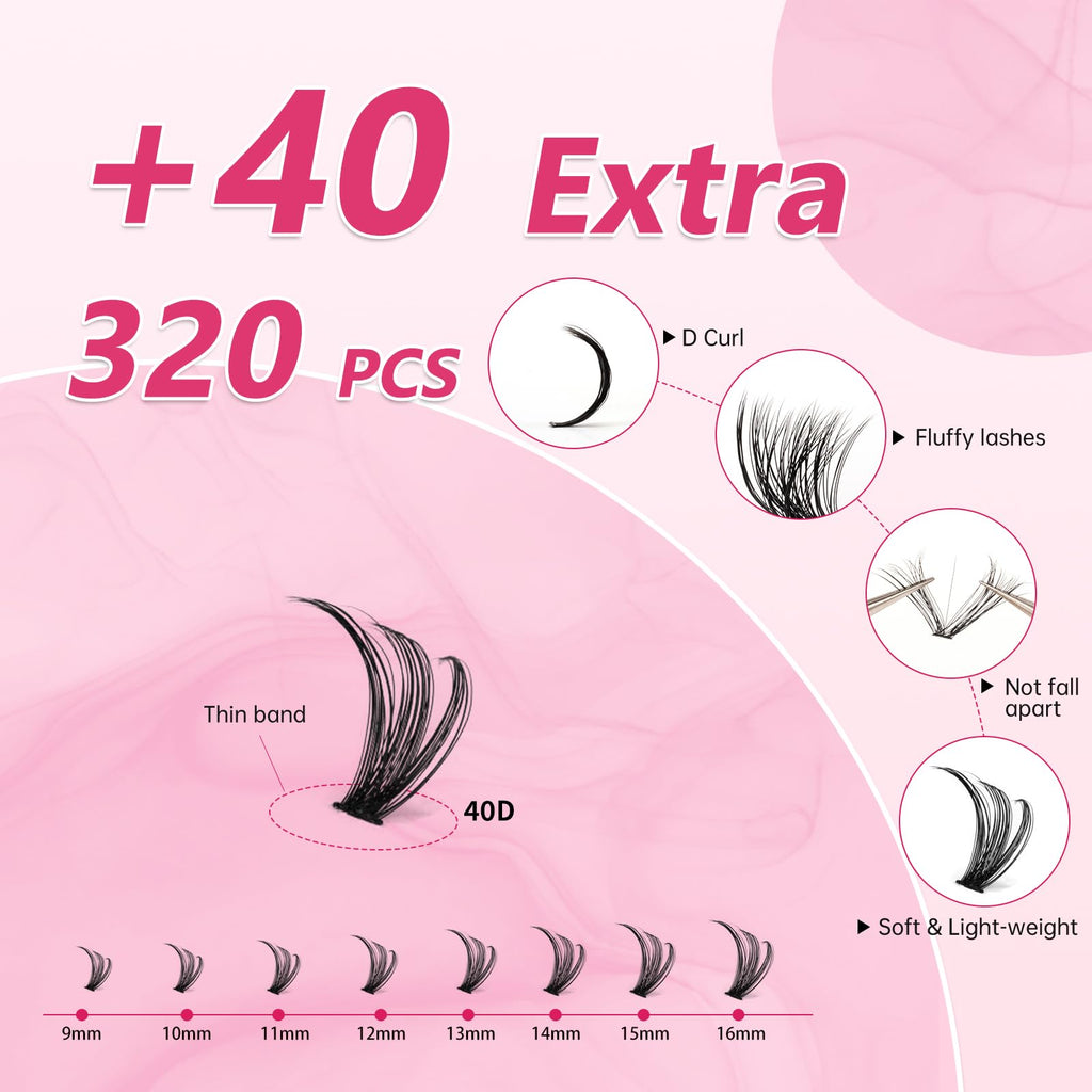 URNNE Lash Extension Kit – 320 Pcs 40D Clusters with Bond & Seal