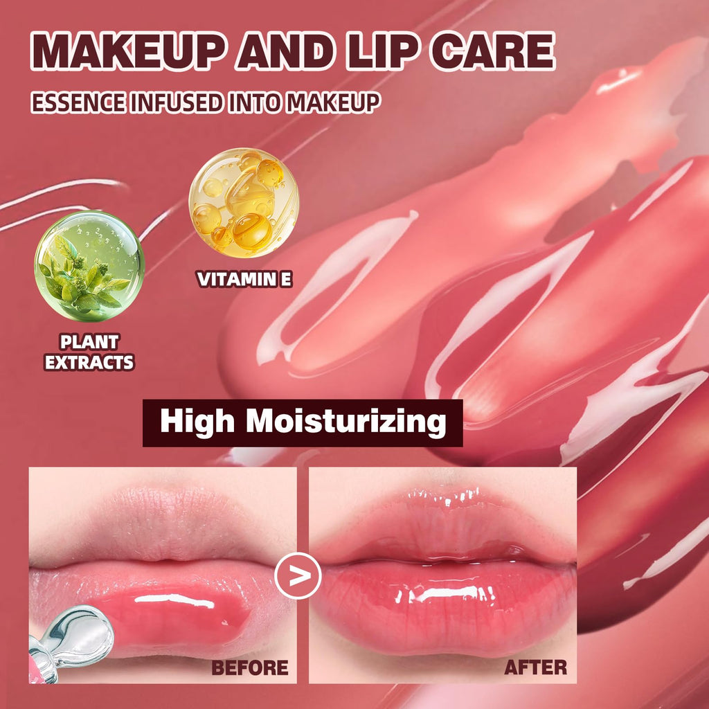 URQT Brightening Lip Serum Set – Hydrating Glossy Lip Oil with Cooling Metal Applicator (4PCS)