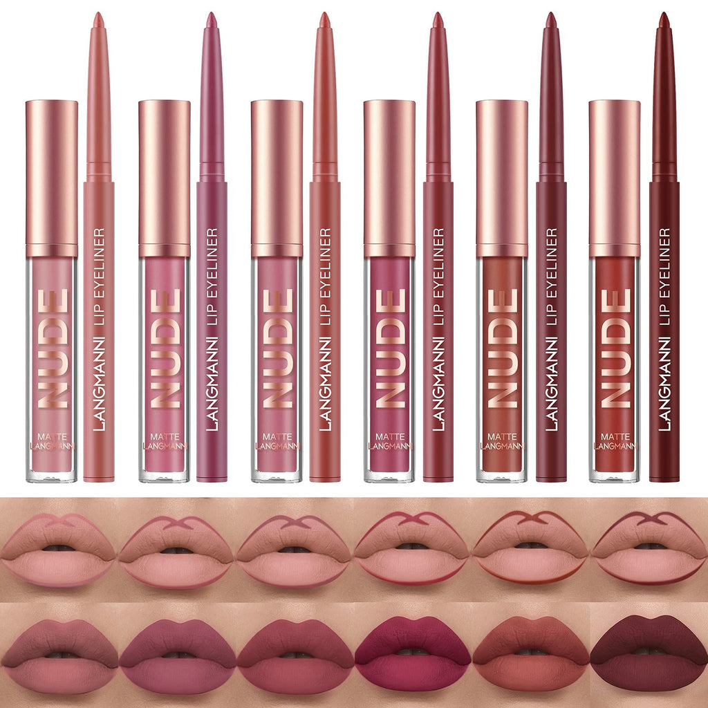 URQT 12pcs Lip Liner & Lipstick Set – 6 Velvet Matte Liquid Lipsticks + 6 Matching Lip Liners