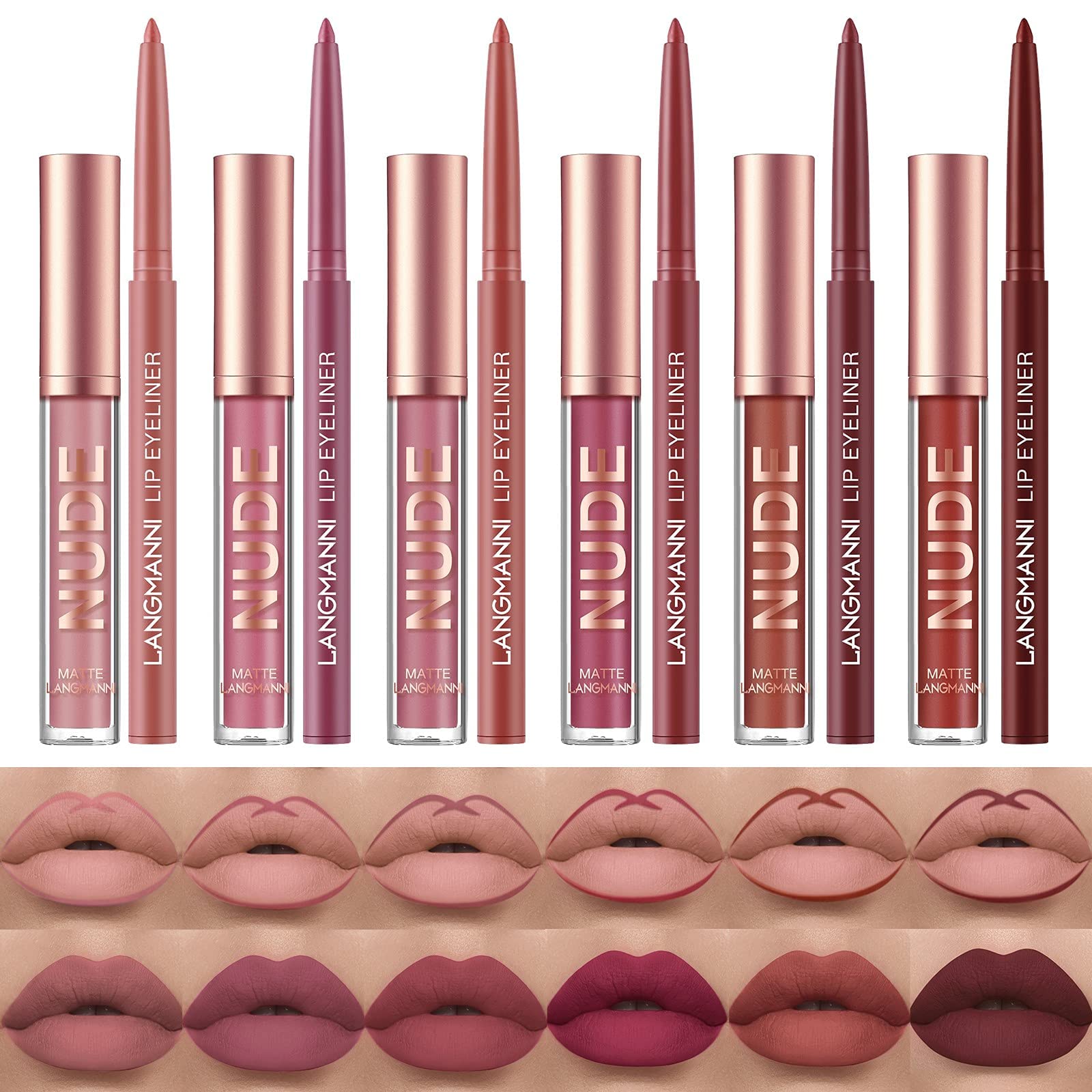 URQT 12pcs Lip Liner & Lipstick Set – 6 Velvet Matte Liquid Lipsticks + 6 Matching Lip Liners