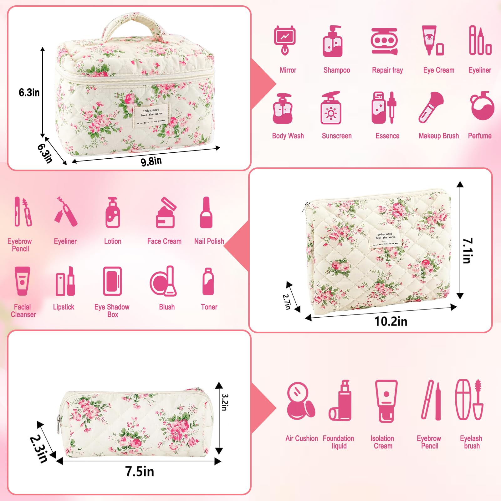 URSKYTOUS 3Pcs Cotton Quilted Makeup Bag Set – Floral Travel Cosmetic Bags for Women
