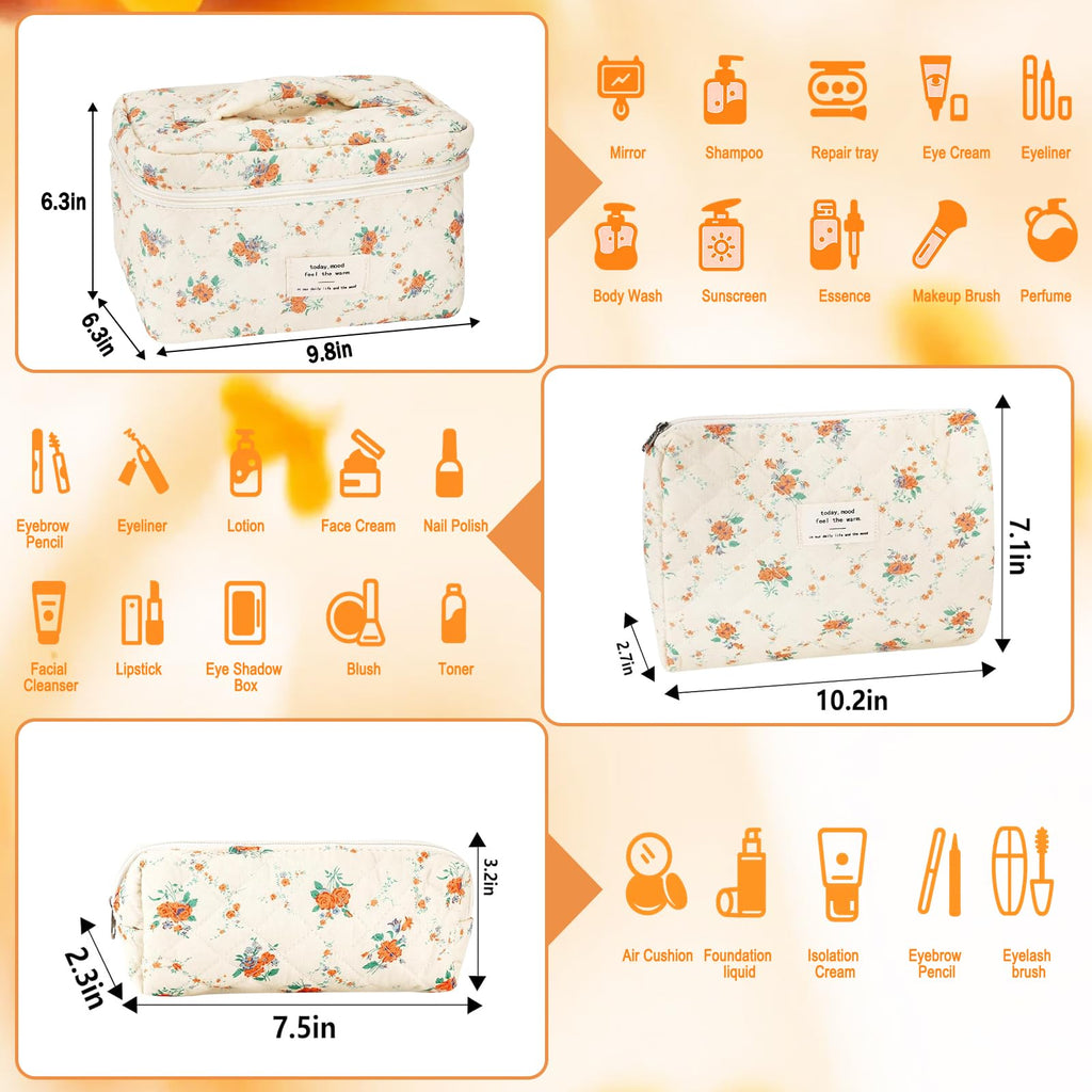 URSKYTOUS 3Pcs Cotton Quilted Makeup Bag Set – Floral Travel Cosmetic Bags