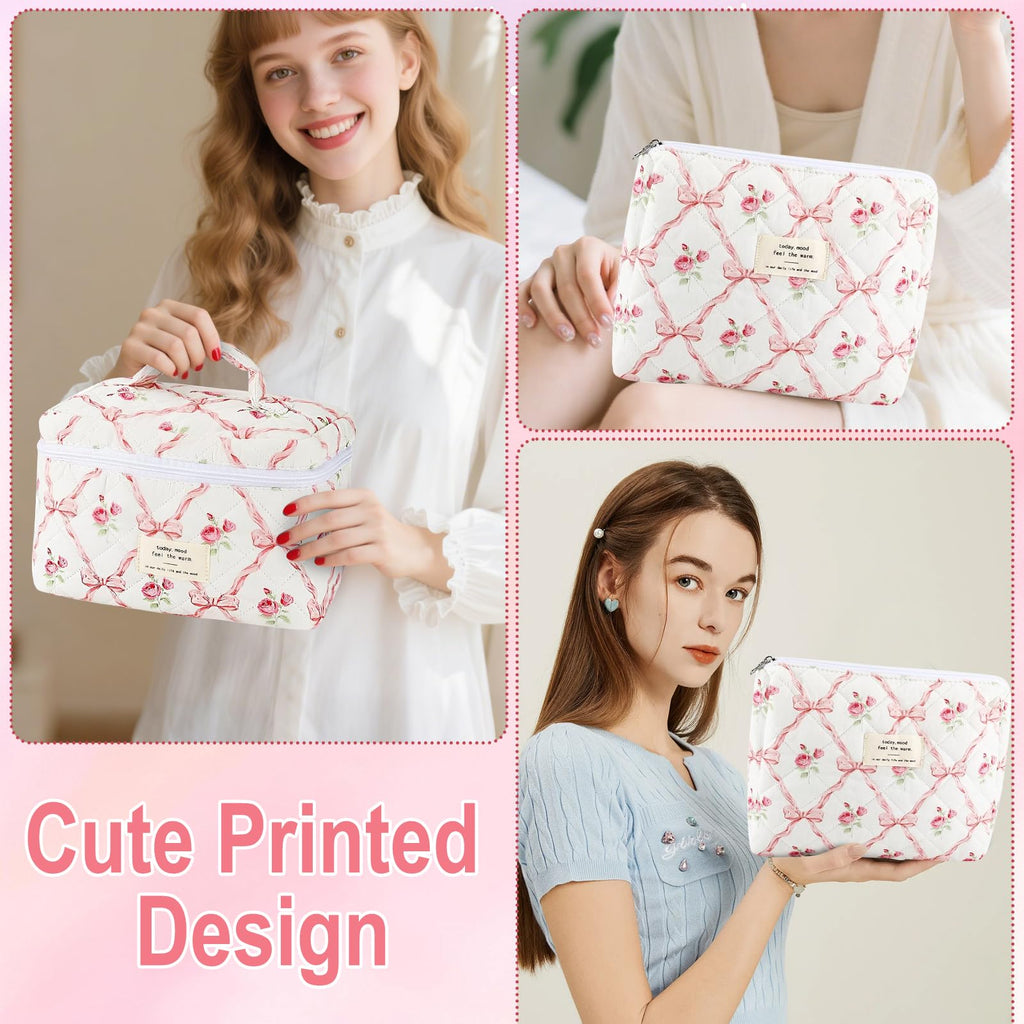 URSKYTOUS 2-Piece Cotton Quilted Makeup Bags Set – Large & Small Floral Pink Cosmetic Pouches