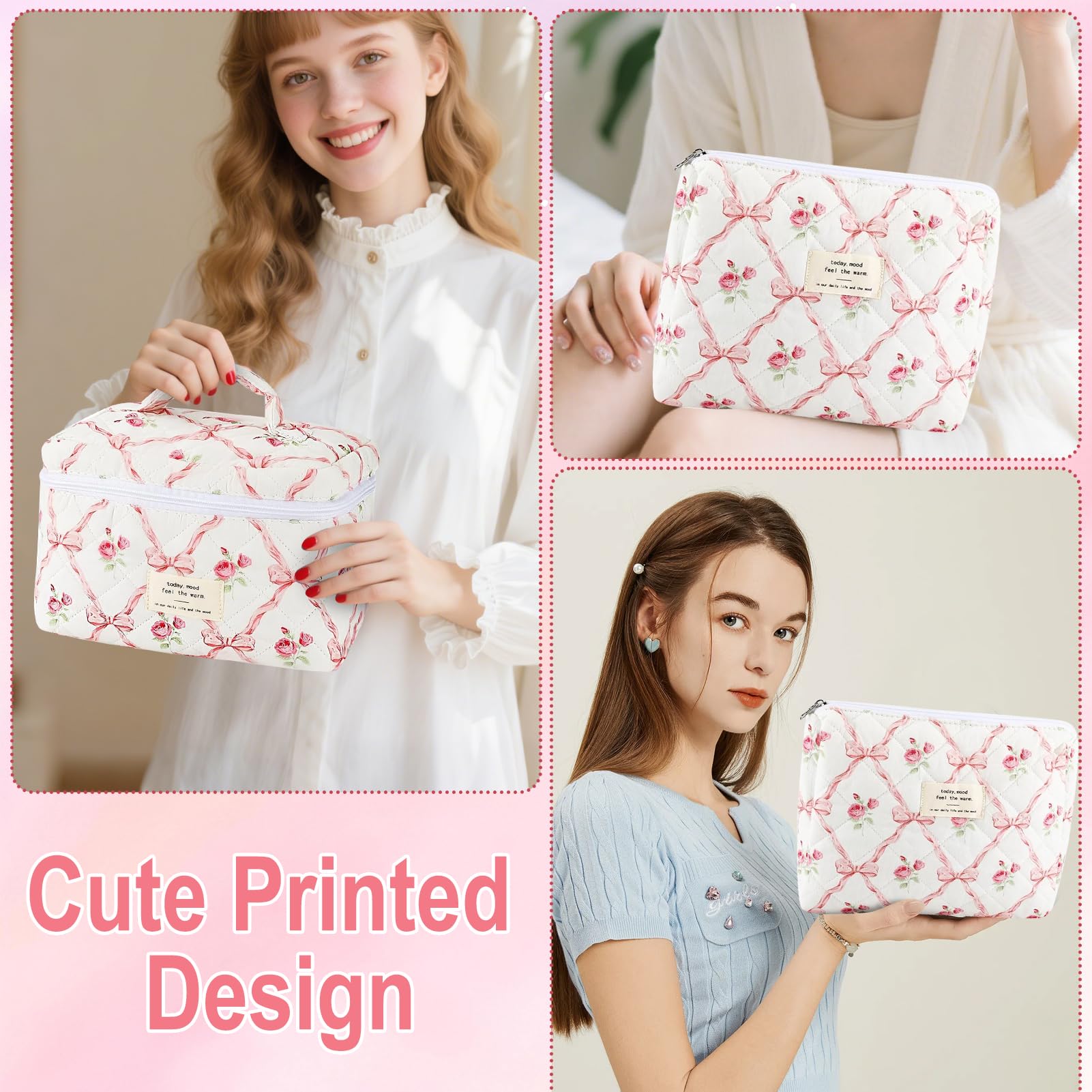 URSKYTOUS 2-Piece Cotton Quilted Makeup Bags Set – Large & Small Floral Pink Cosmetic Pouches