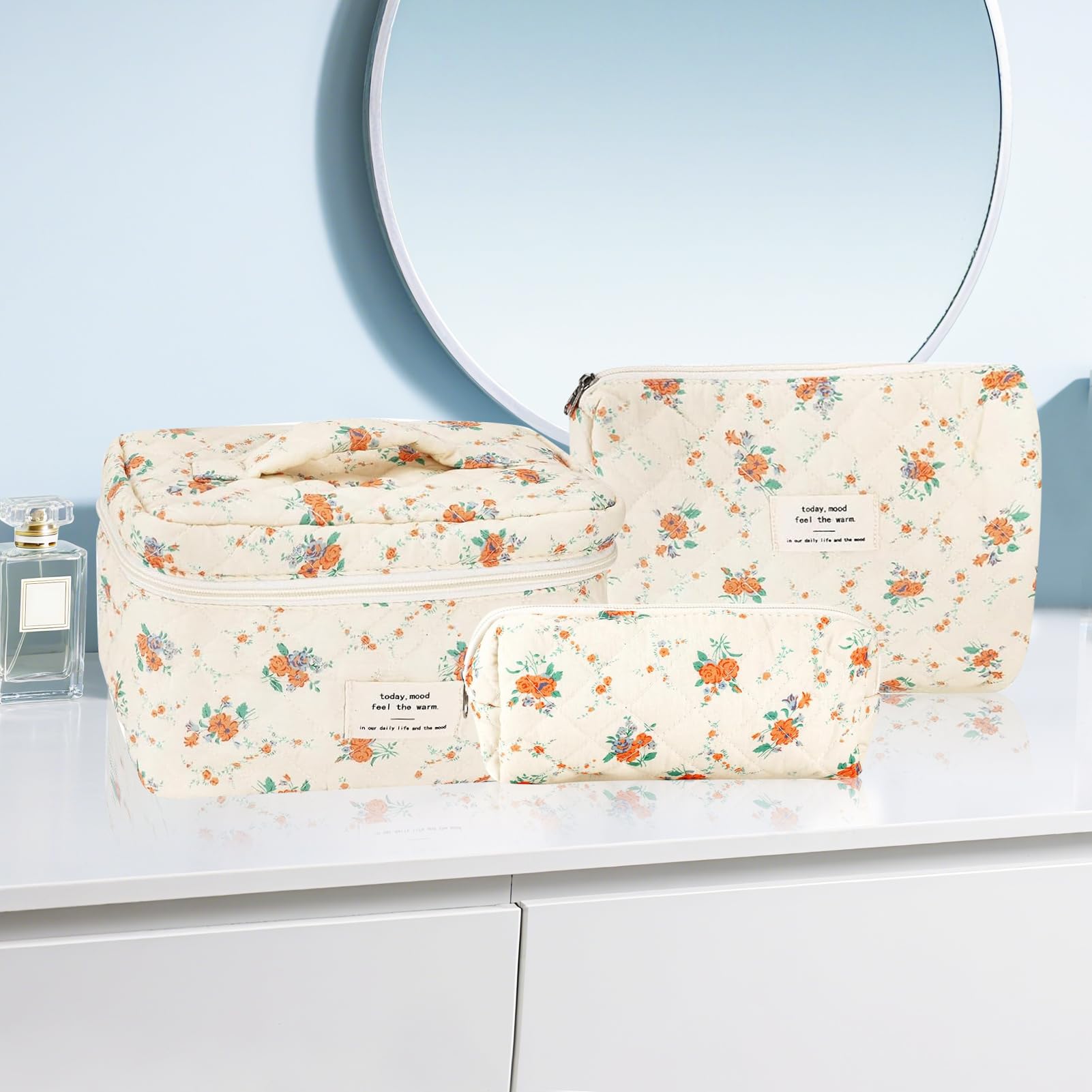 URSKYTOUS 3Pcs Cotton Quilted Makeup Bag Set – Floral Travel Cosmetic Bags