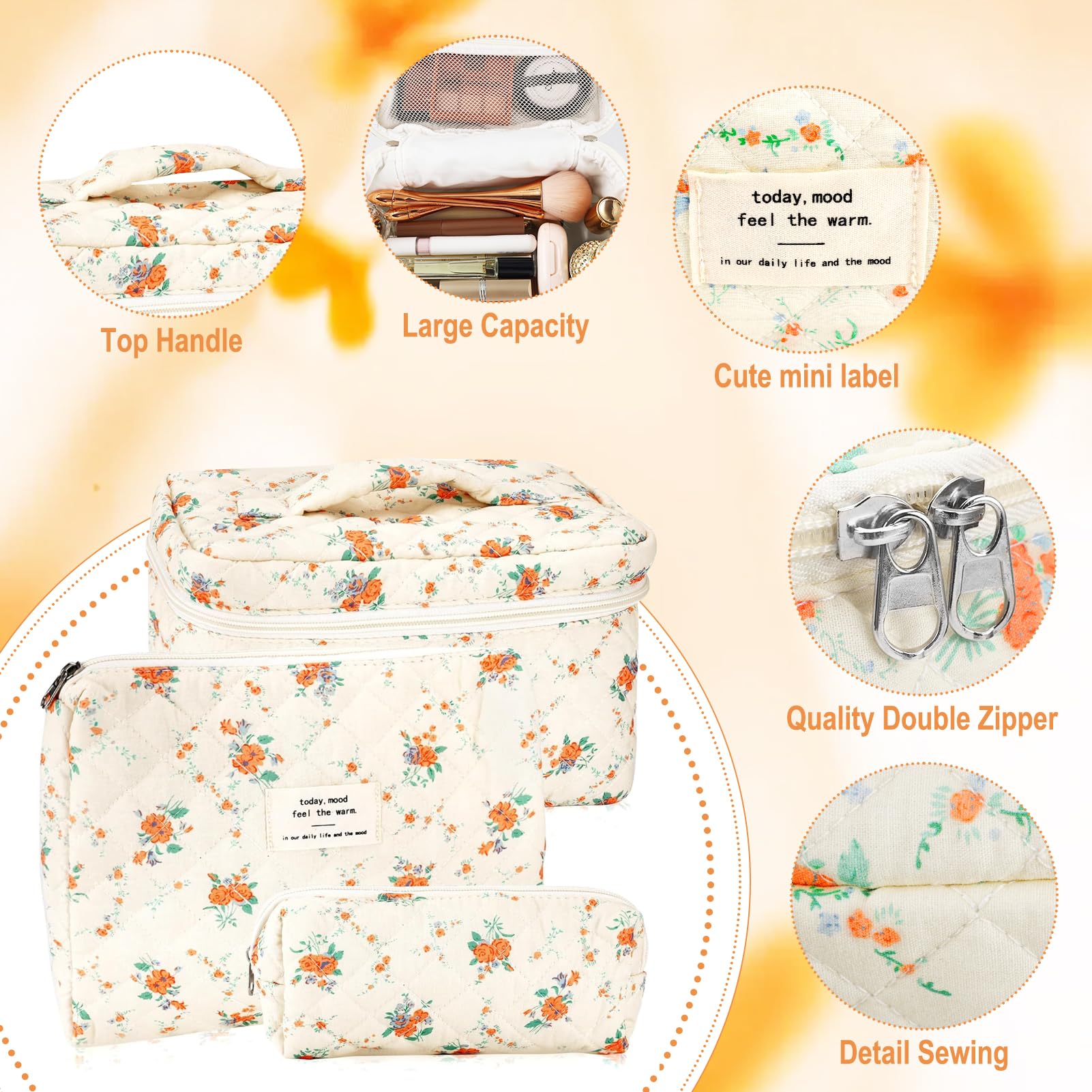 URSKYTOUS 3Pcs Cotton Quilted Makeup Bag Set – Floral Travel Cosmetic Bags