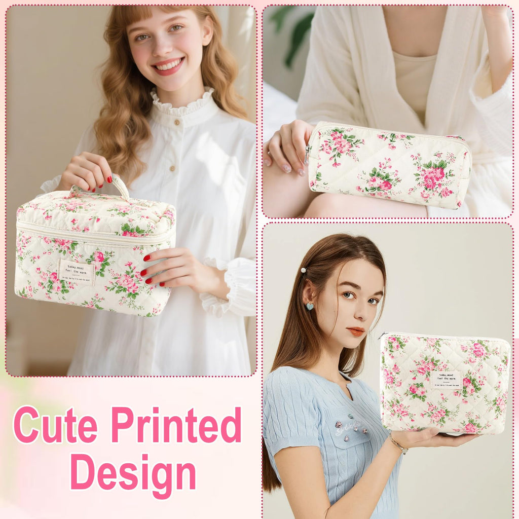 URSKYTOUS 3Pcs Cotton Quilted Makeup Bag Set – Floral Travel Cosmetic Bags for Women