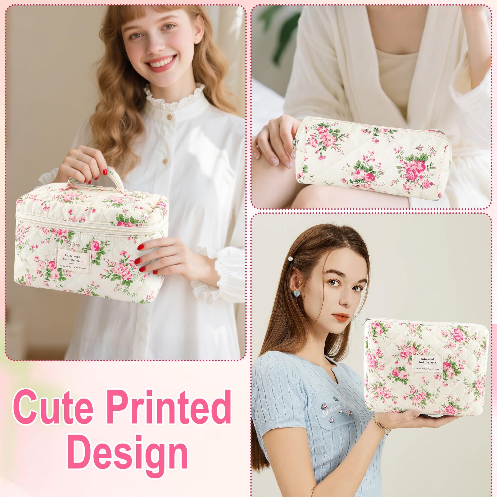 URSKYTOUS 3Pcs Cotton Quilted Makeup Bag Set – Floral Travel Cosmetic Bags for Women