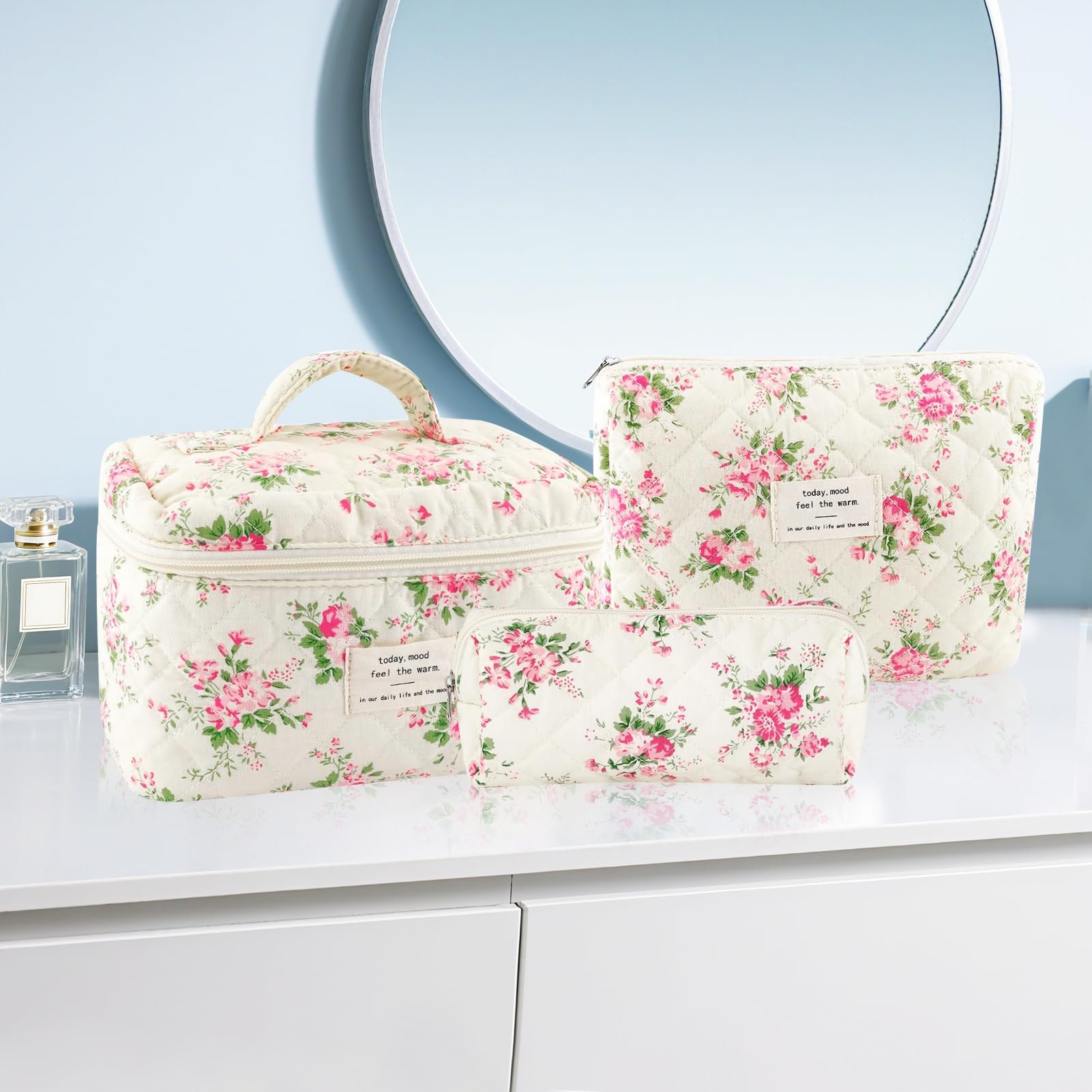 URSKYTOUS 3Pcs Cotton Quilted Makeup Bag Set – Floral Travel Cosmetic Bags for Women