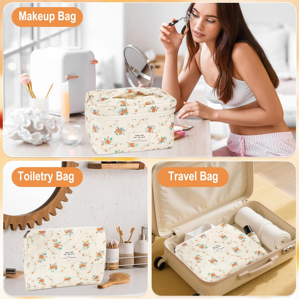 URSKYTOUS 3Pcs Cotton Quilted Makeup Bag Set – Floral Travel Cosmetic Bags