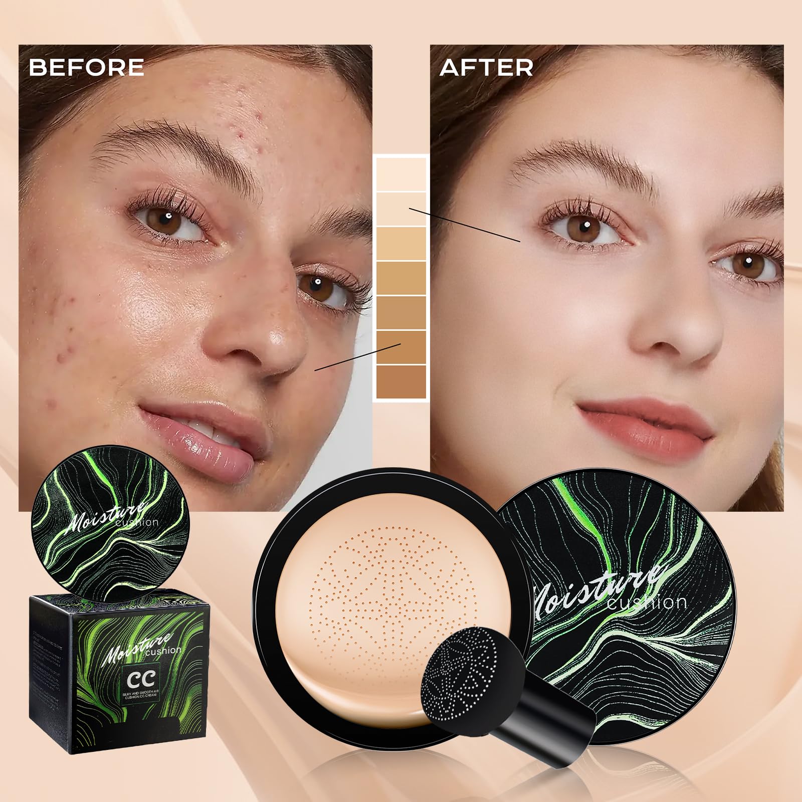 Ursoulney Mushroom Head Air Cushion CC Cream – Full Coverage Cushion Foundation (2 Pcs Buff Beige)