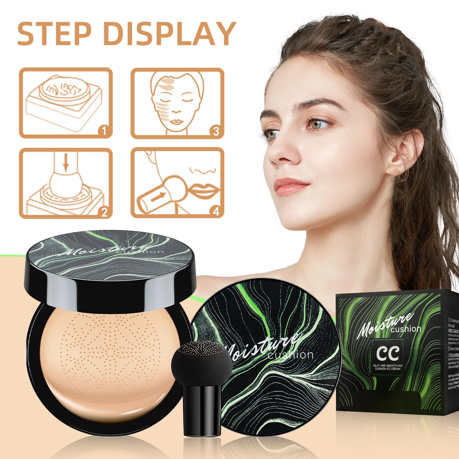 Ursoulney Mushroom Head Air Cushion CC Cream – Full Coverage Cushion Foundation (2 Pcs Buff Beige)