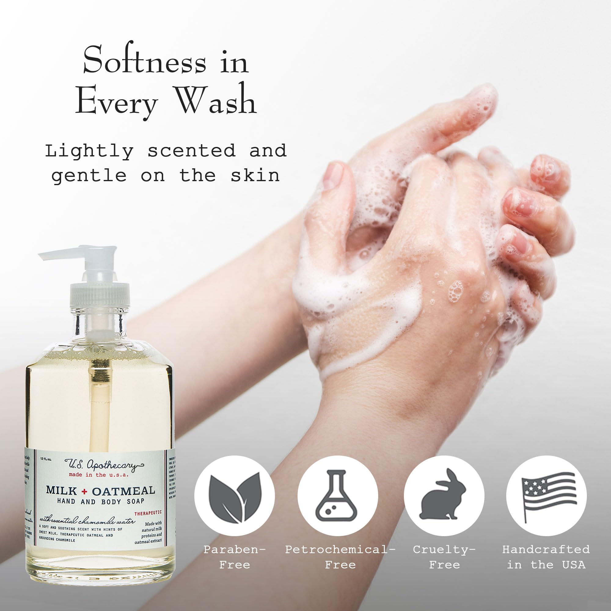 U.S. Apothecary Milk & Oatmeal Hand Soap | Creamy-Sweet Scent, Oatmeal Extract & Milk Proteins, 12 fl oz
