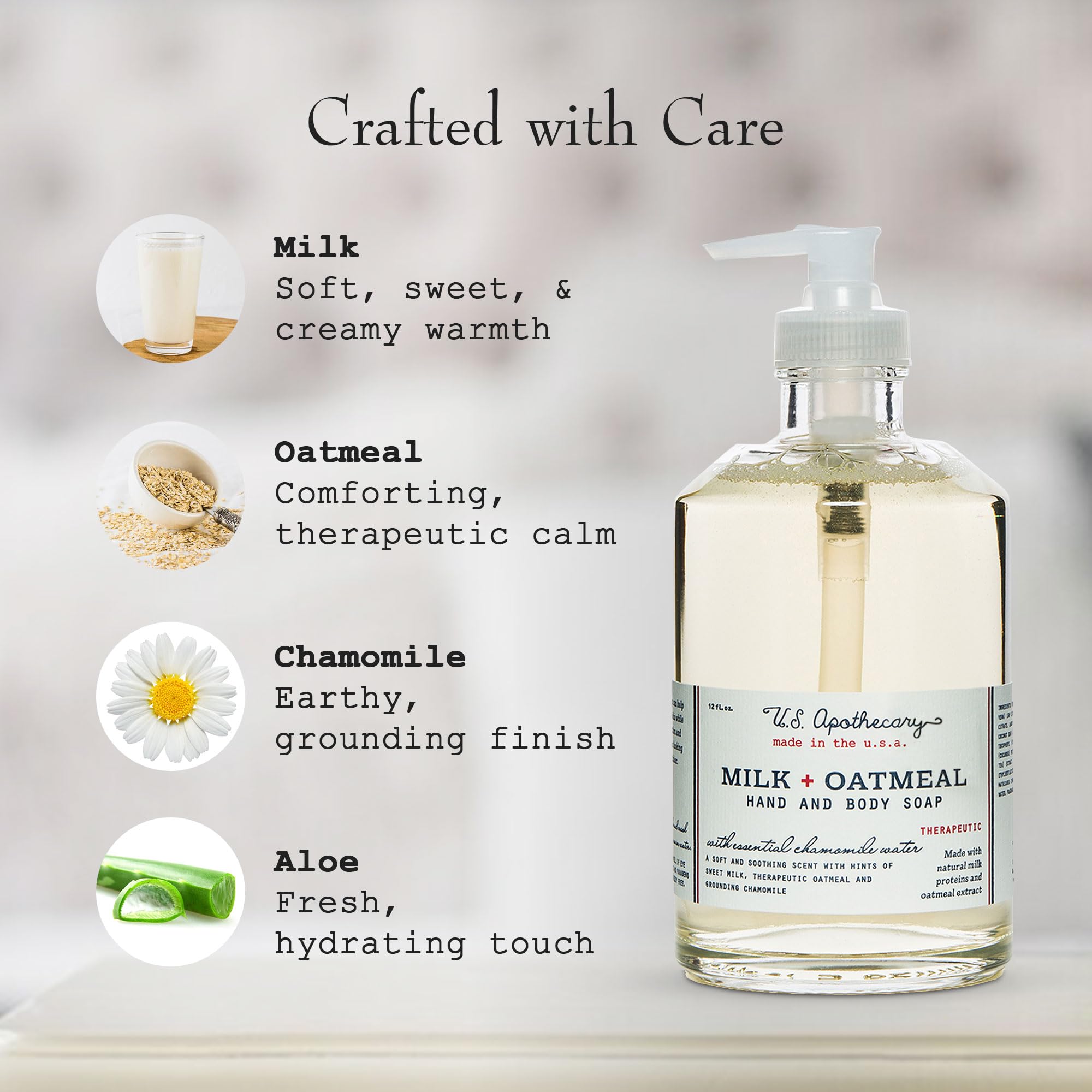 U.S. Apothecary Milk & Oatmeal Hand Soap | Creamy-Sweet Scent, Oatmeal Extract & Milk Proteins, 12 fl oz