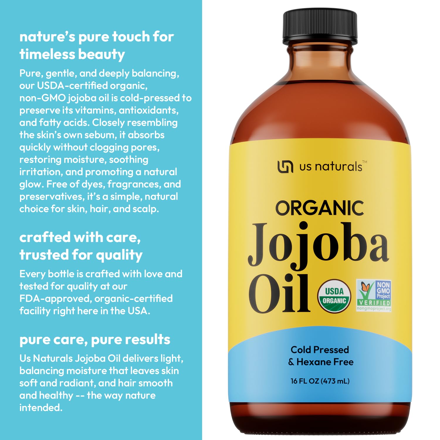 Us Naturals 16oz Organic Jojoba Oil – Cold-Pressed, Unrefined, USDA Organic & Non-GMO in Glass