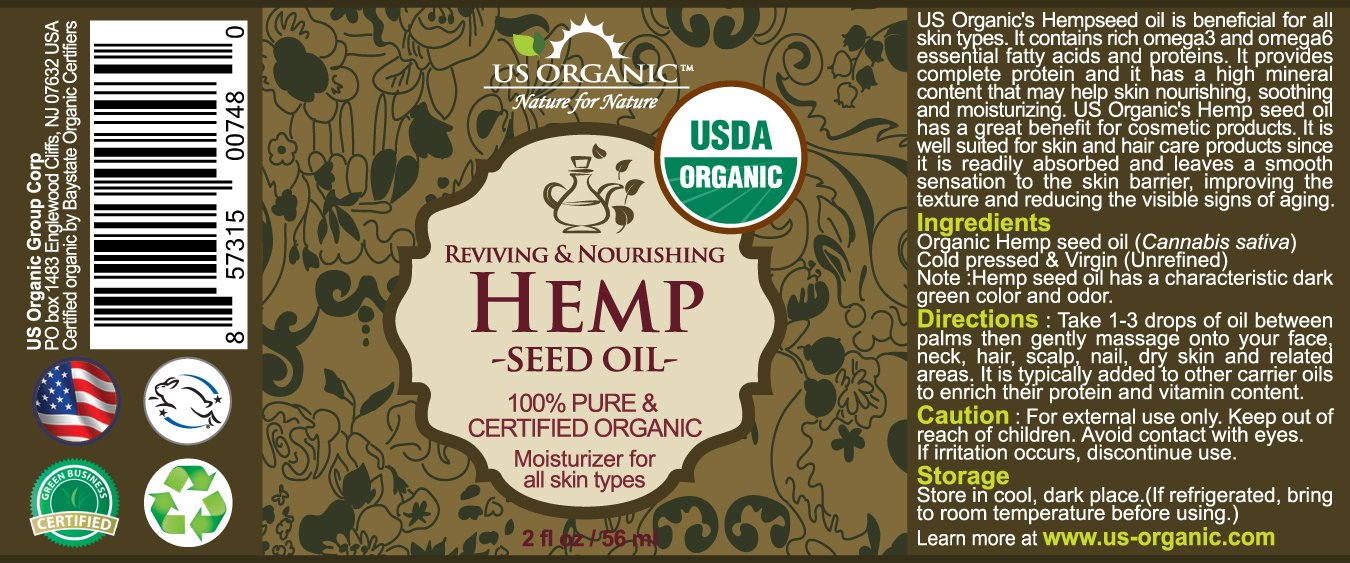 US Organic Hemp Seed Oil – Certified Organic, Cold-Pressed Virgin, Unrefined, 2 oz (56 ml) Amber Glass Bottle