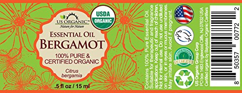 US Organic 100% Pure Bergamot Essential Oil – USDA Organic, Cold-Pressed, 15 ml with Euro Droppers