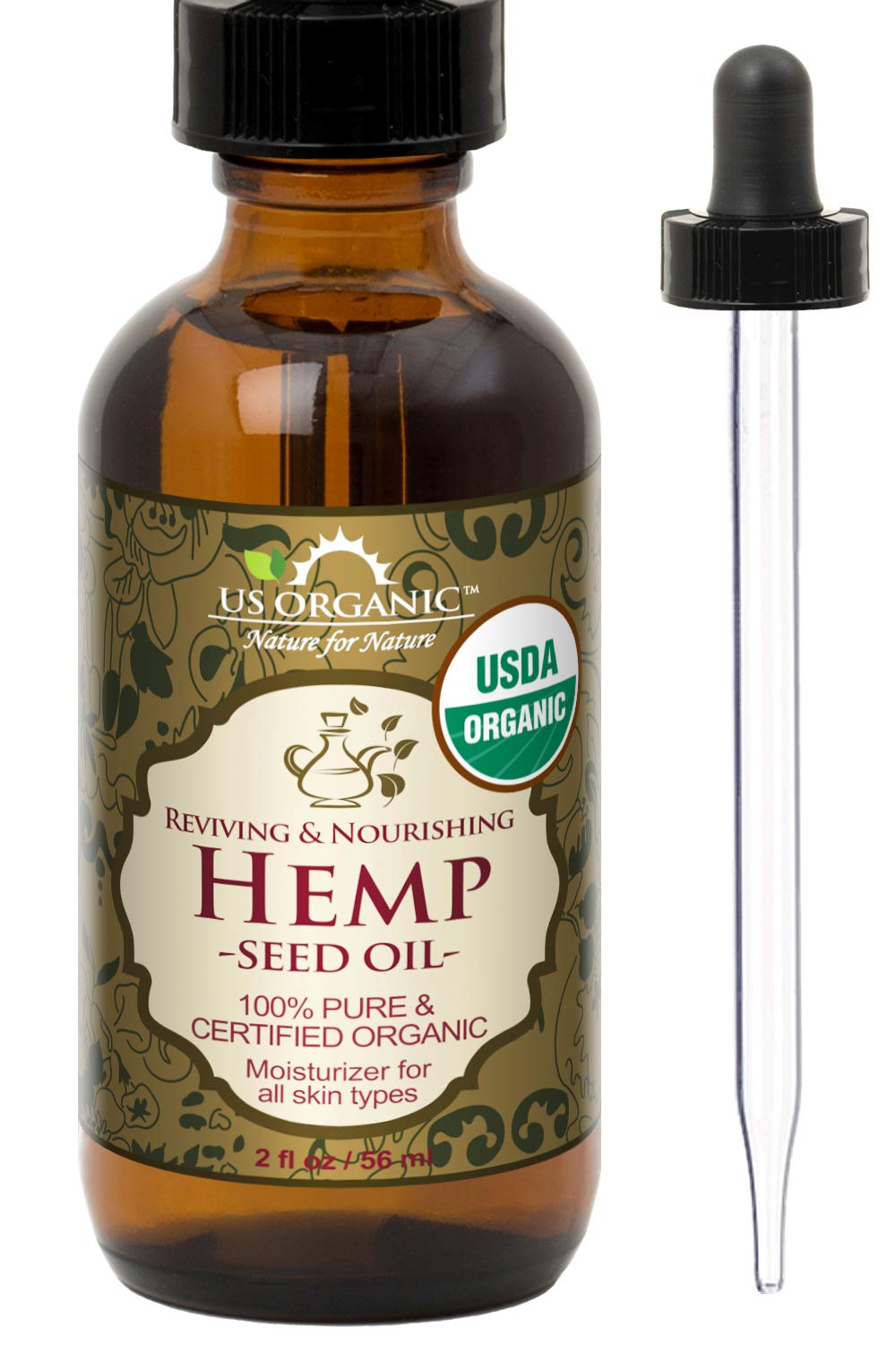 US Organic Hemp Seed Oil – Certified Organic, Cold-Pressed Virgin, Unrefined, 2 oz (56 ml) Amber Glass Bottle