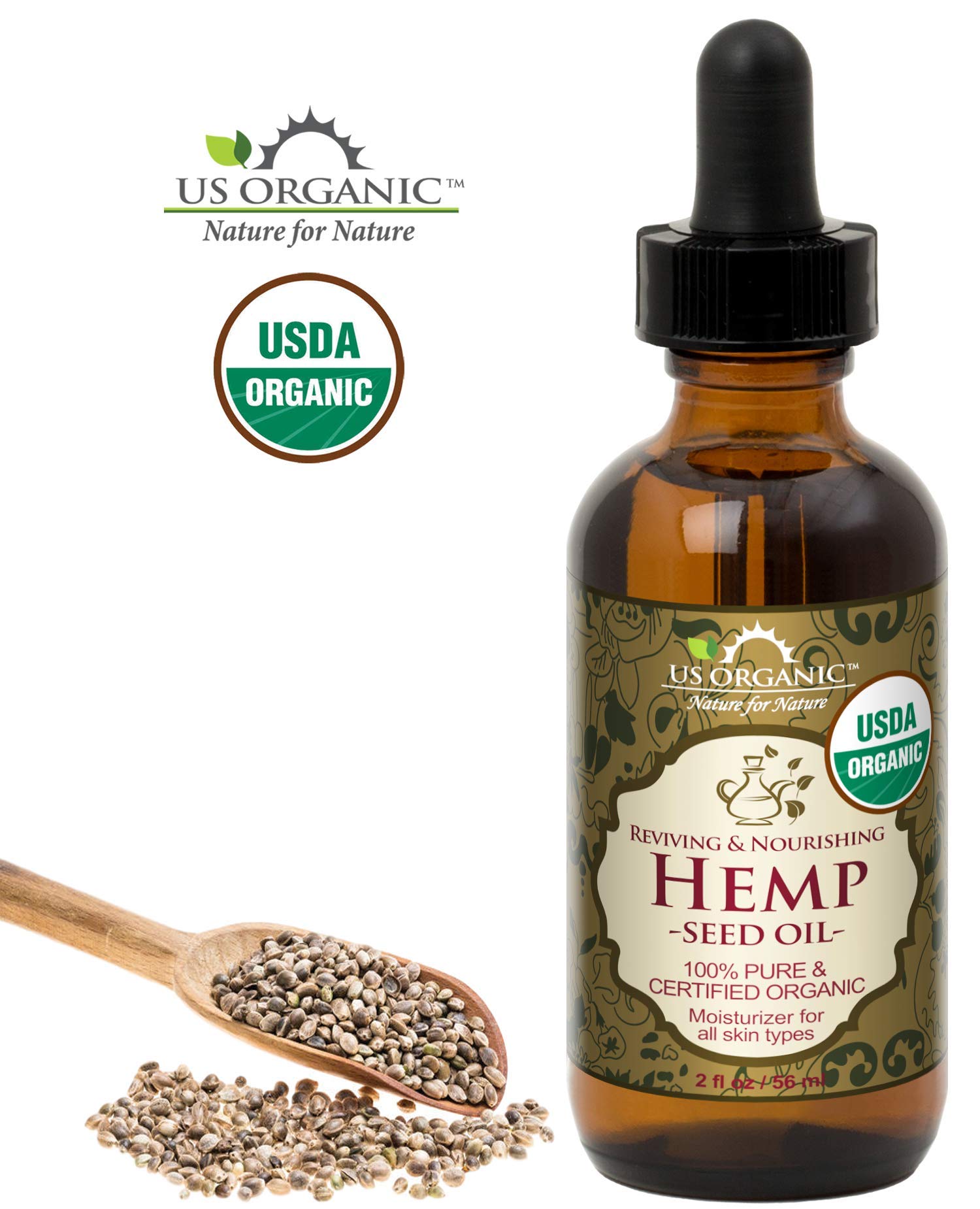 US Organic Hemp Seed Oil – Certified Organic, Cold-Pressed Virgin, Unrefined, 2 oz (56 ml) Amber Glass Bottle