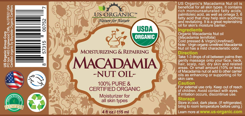US Organic Macadamia Nut Oil — Unrefined, Cold-Pressed, Certified Organic, 4 oz Amber Bottle with Dropper