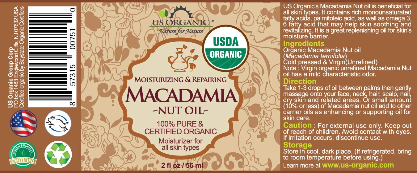 US Organic Macadamia Nut Oil – Cold-Pressed, Organic, Amber Bottle with Dropper (2 oz)