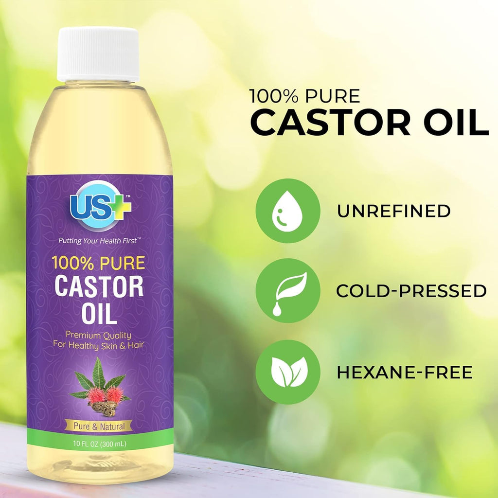 US+ Castor Oil 10oz – 100% Pure, Cold-Pressed, Hexane-Free, USP Grade