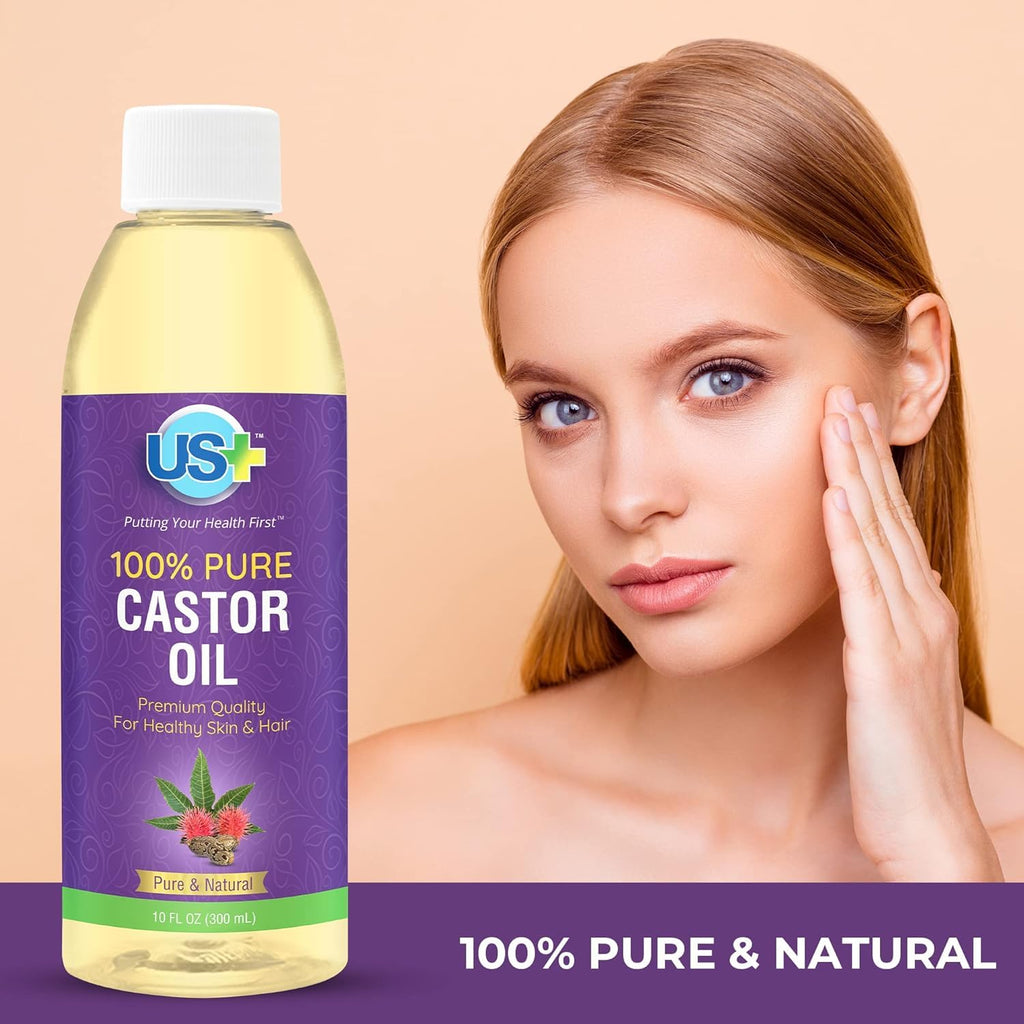 US+ Castor Oil 10oz – 100% Pure, Cold-Pressed, Hexane-Free, USP Grade