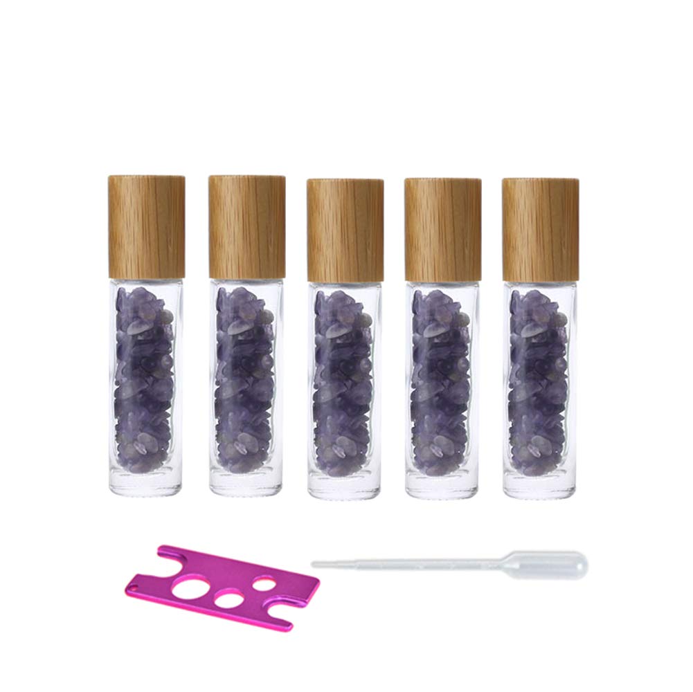 USRommaner 5 Pack 10ml Clear Roll-On Bottles with Amethyst Chakra Stones | Glass Roller Bottle Set