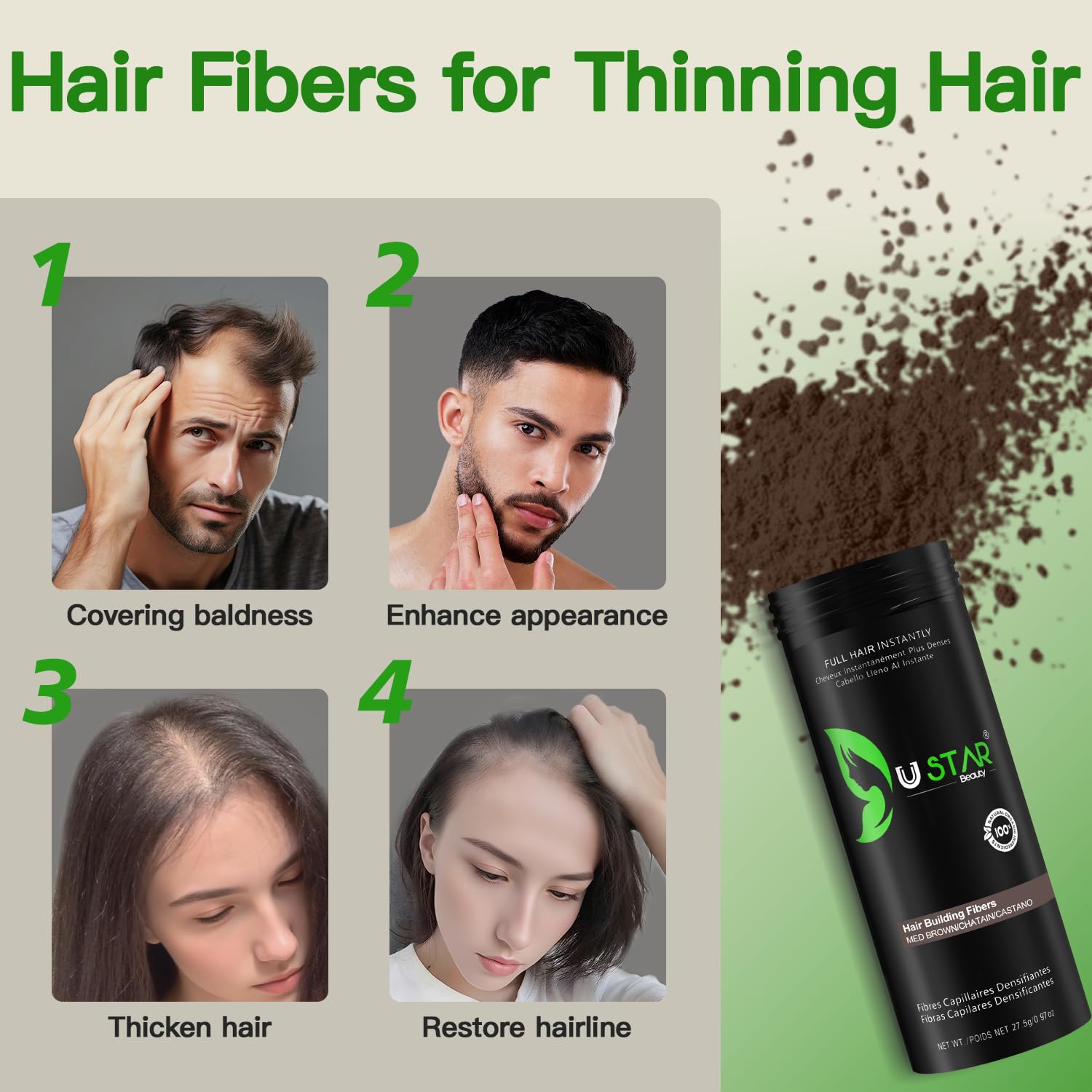 USTAR Hair Building Fibers 77.5g – 5-in-1 Set for Instantly Thicker, Fuller Hair (Medium Brown)