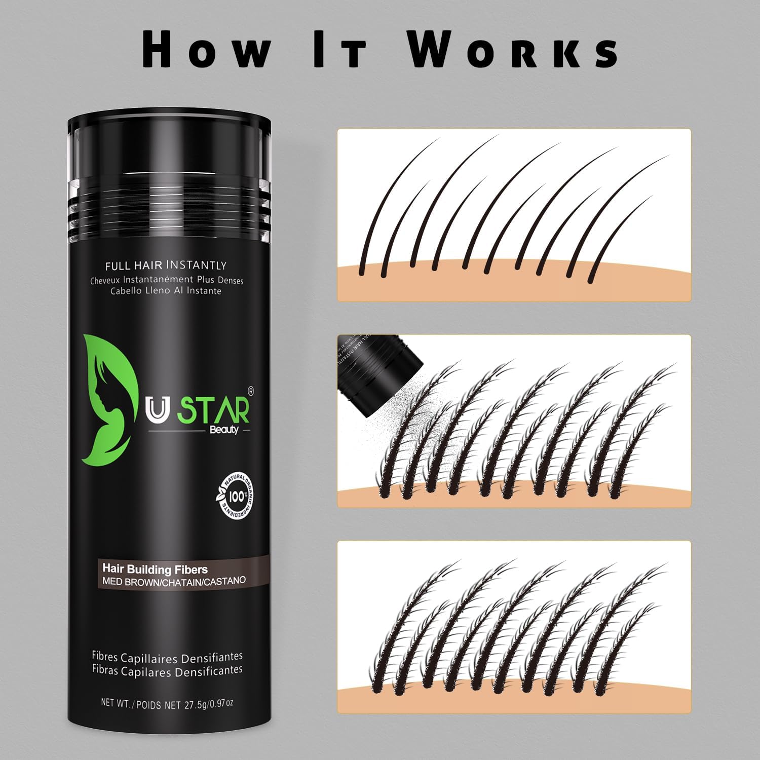 USTAR Hair Fibers 55g - Hair Building Fibers for Thinning Hair - Instantly Fuller Look - For Men & Women - Black