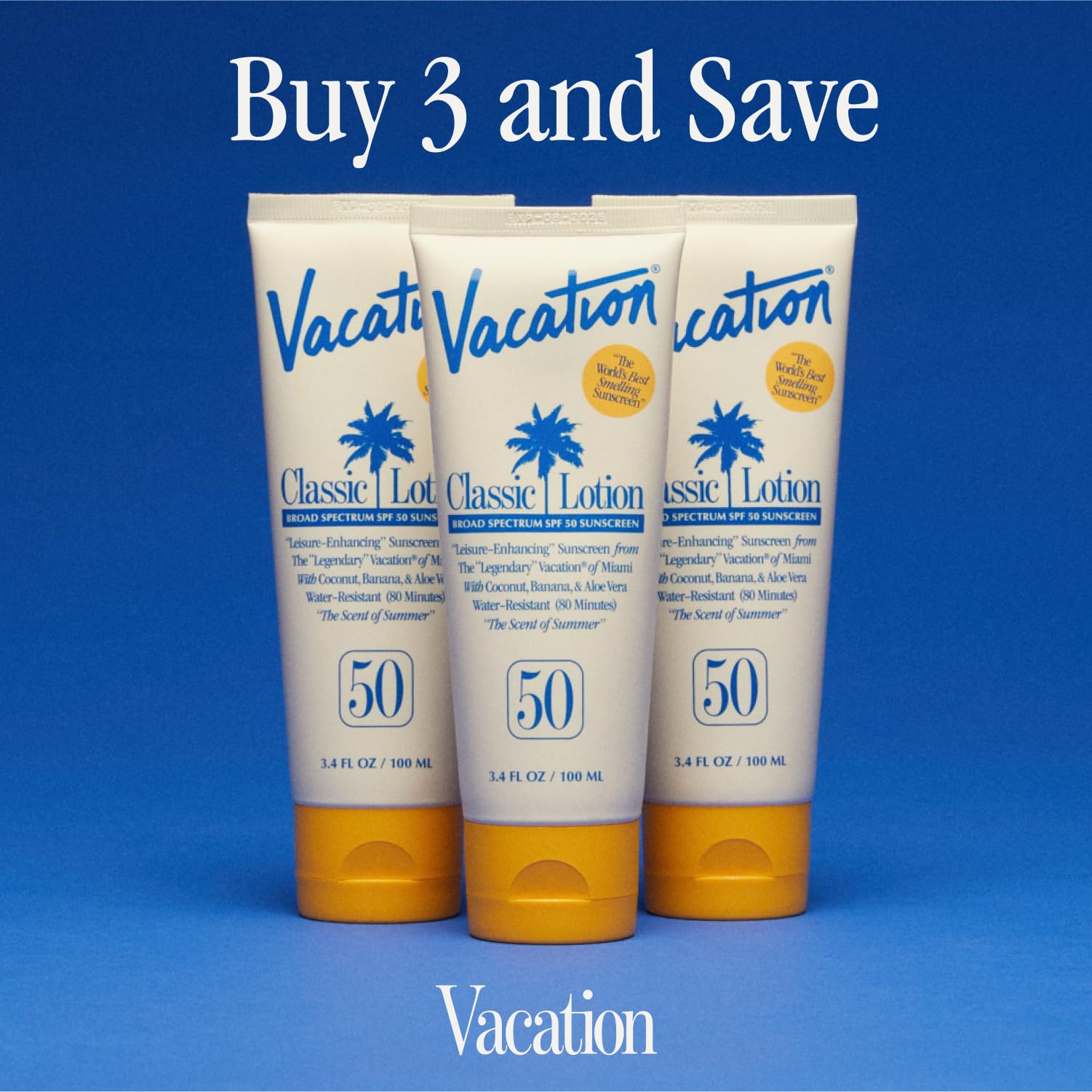 Vacation Classic Sunscreen Lotion SPF 50 — Water-Resistant, Invisible on All Skin Tones (3 × 3.4 oz, Value Pack)