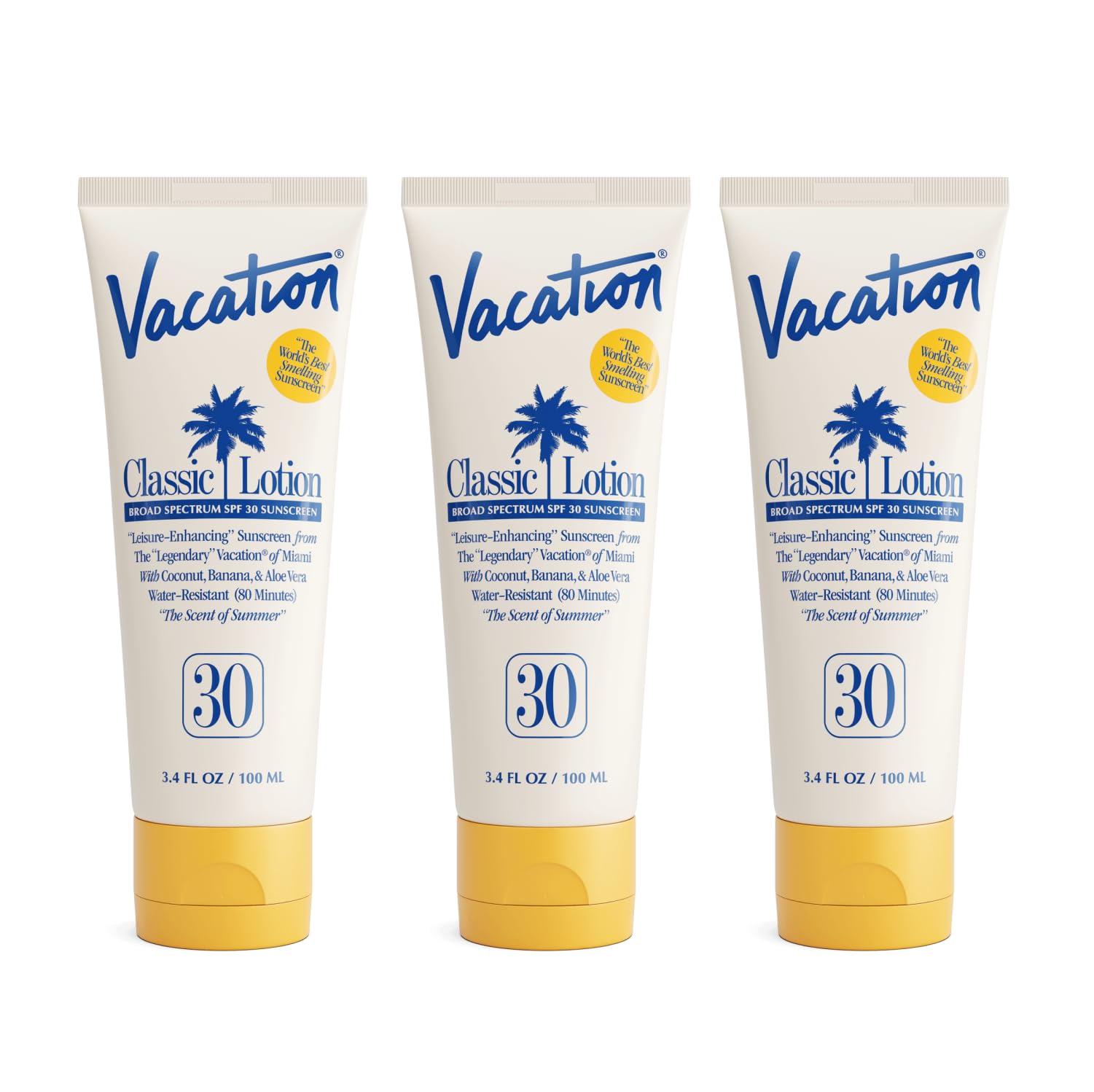 Vacation Classic Sunscreen Lotion SPF 30 — Water-Resistant, Invisible Finish, Travel Size (Value Pack of 3)