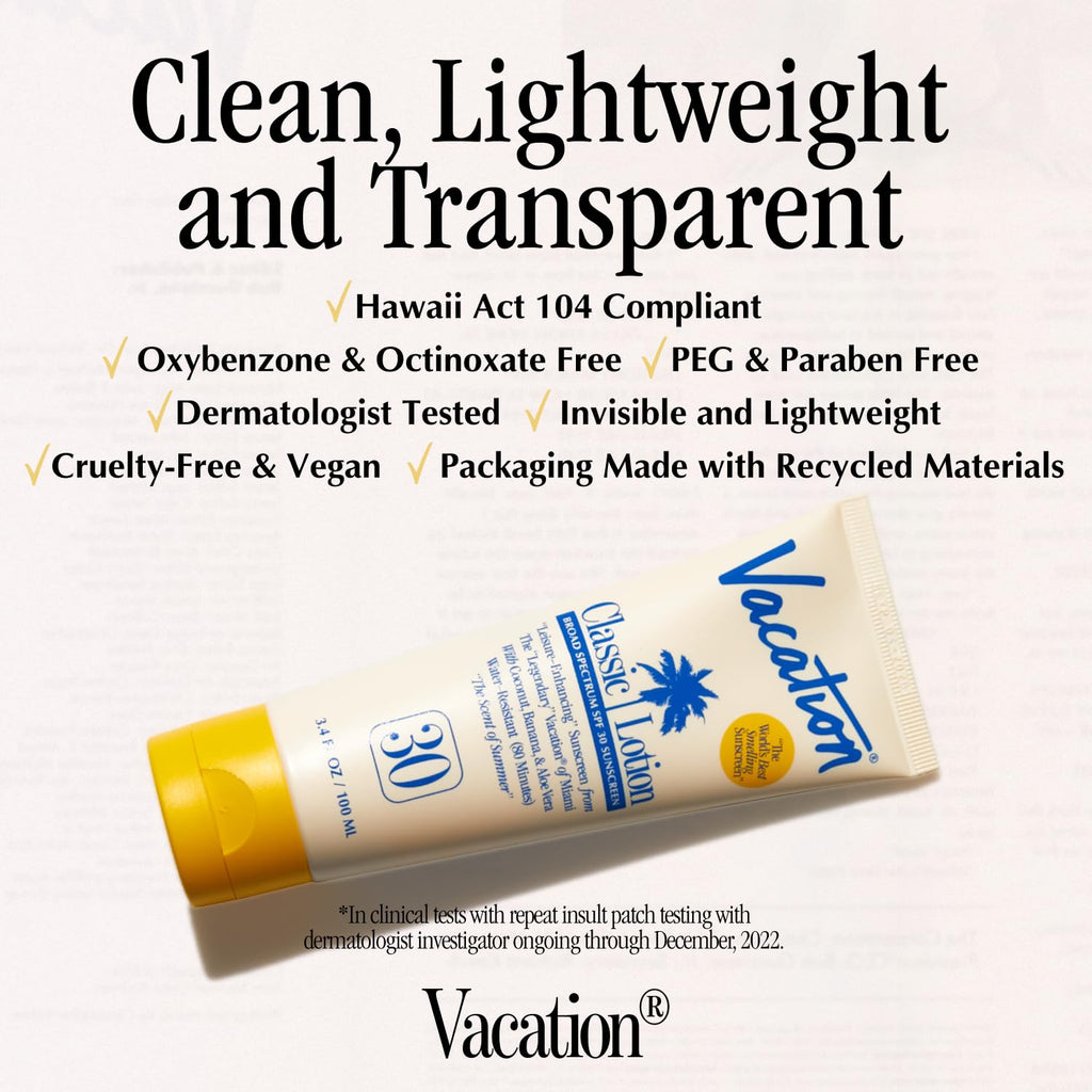 Vacation Classic Sunscreen Lotion SPF 30 — Water-Resistant, Invisible Finish, Travel Size (Value Pack of 3)