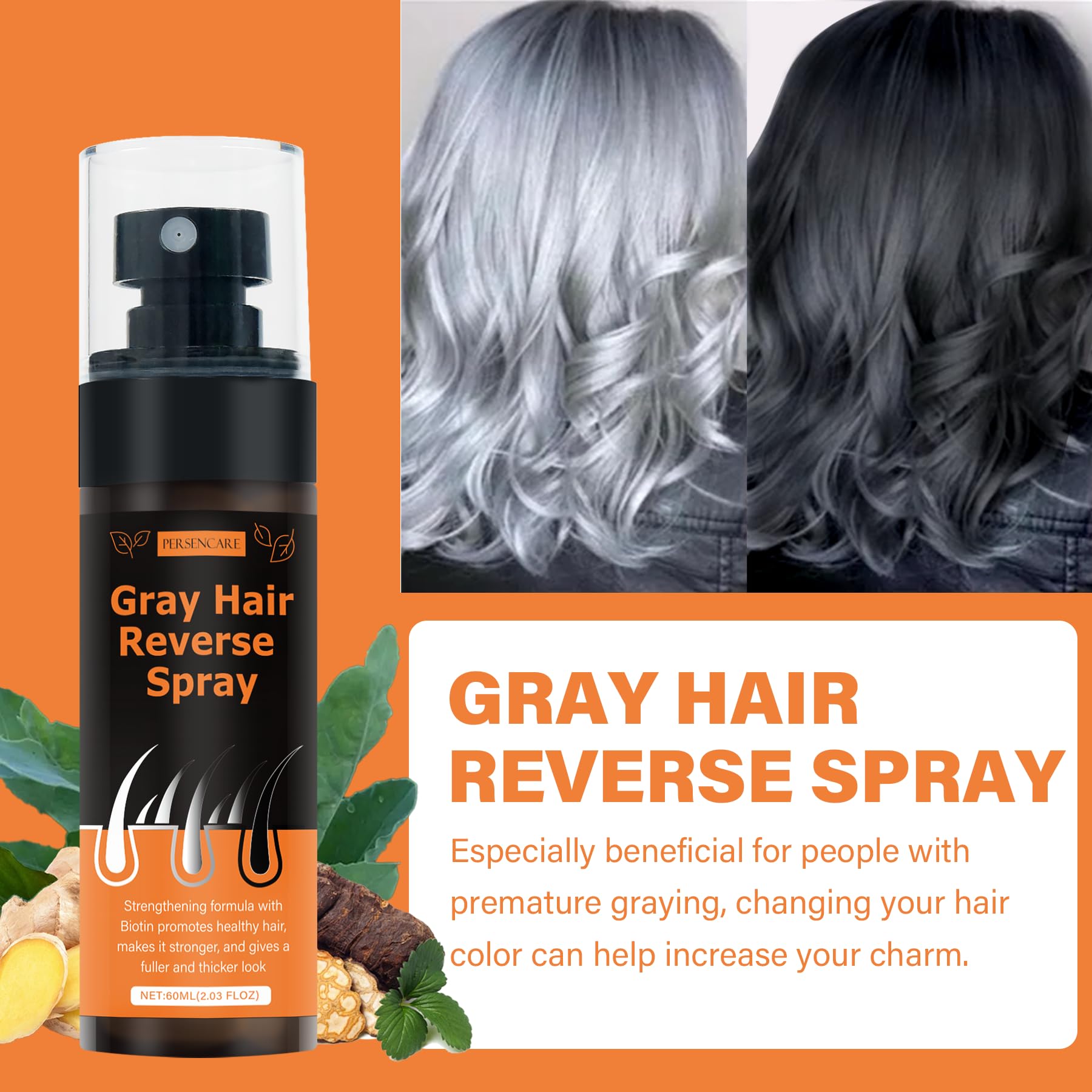 VAEYAE Herbal Gray Hair Reverse Spray - Darkening and Growth Support for Thinning Hair