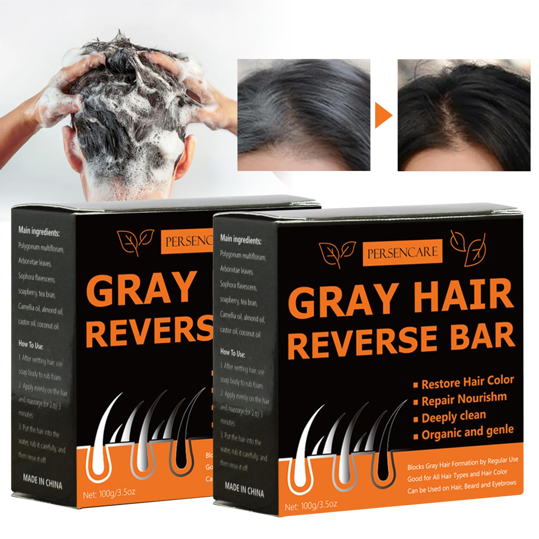 VAEYAE Natural Gray Hair Reverse Bar – Gray Hair Care, Thickening & Darkening Black Soap | 2 Pcs