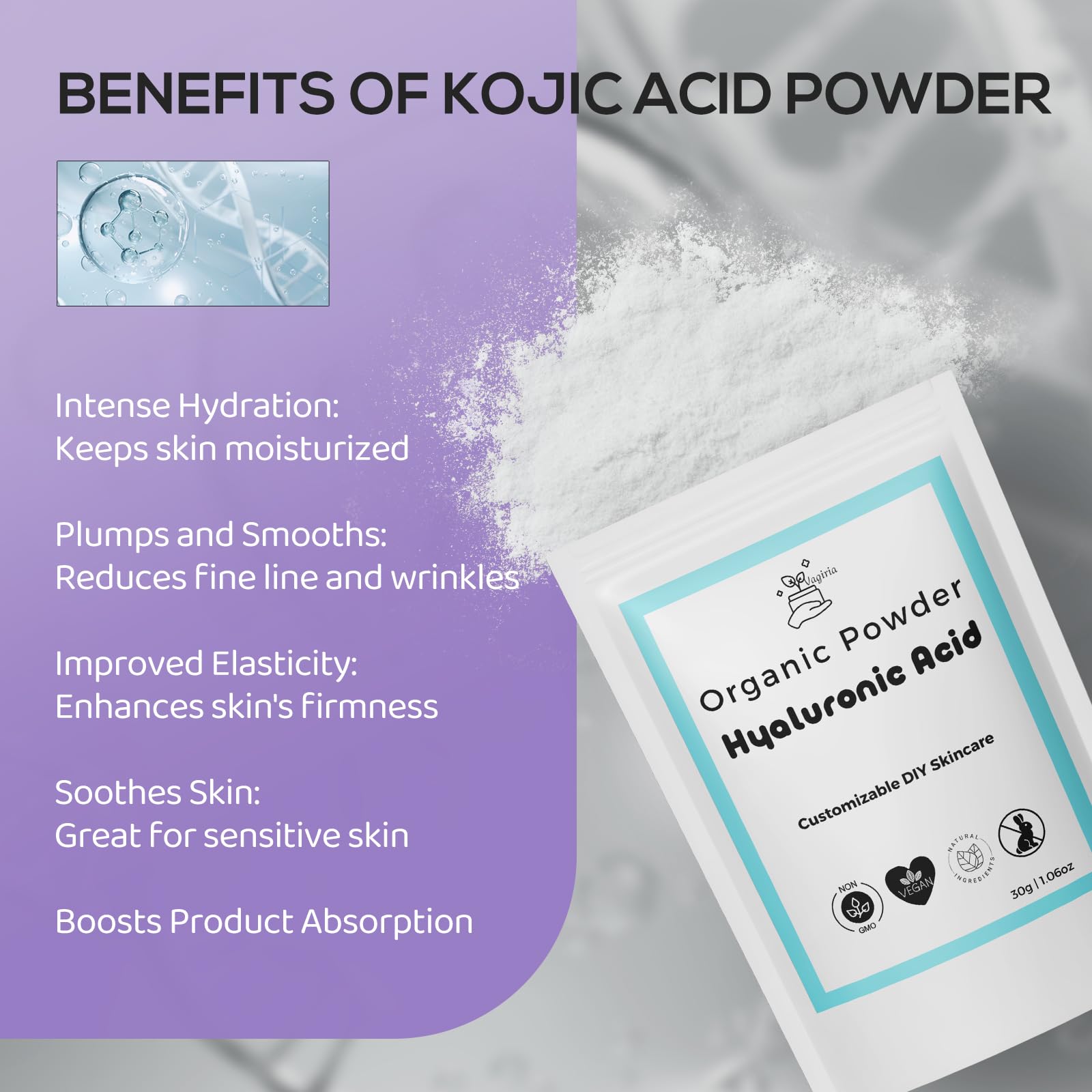 Vagiria Hyaluronic Acid Powder – 99% Purity for DIY Skincare, Ultimate Moisturizer & Post-Peel Care