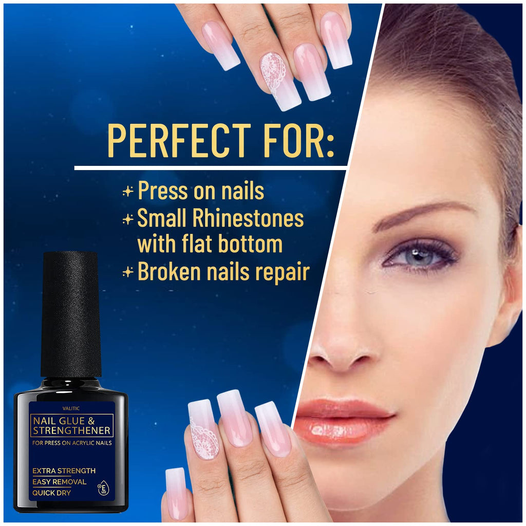 VALITIC Strong Nail Glue & Strengthener – Quick-Dry Brush-On Gel for Acrylic & Press-On Nails (3 Pack)