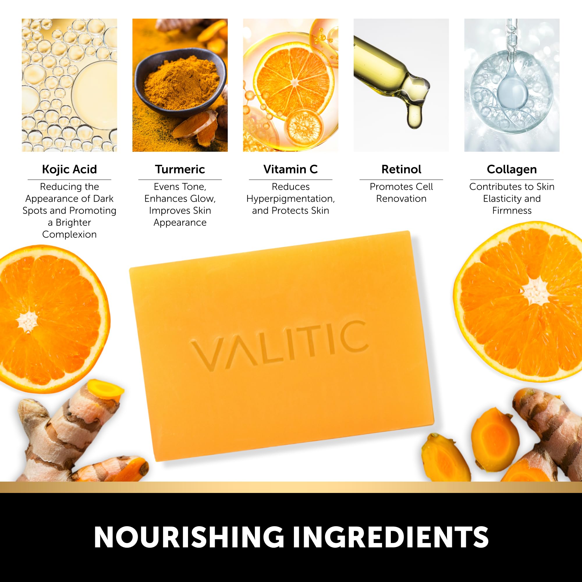 VALITIC Kojic Acid Vitamin C Retinol Soap Bars + Black Exfoliating Gloves — 4 Pack