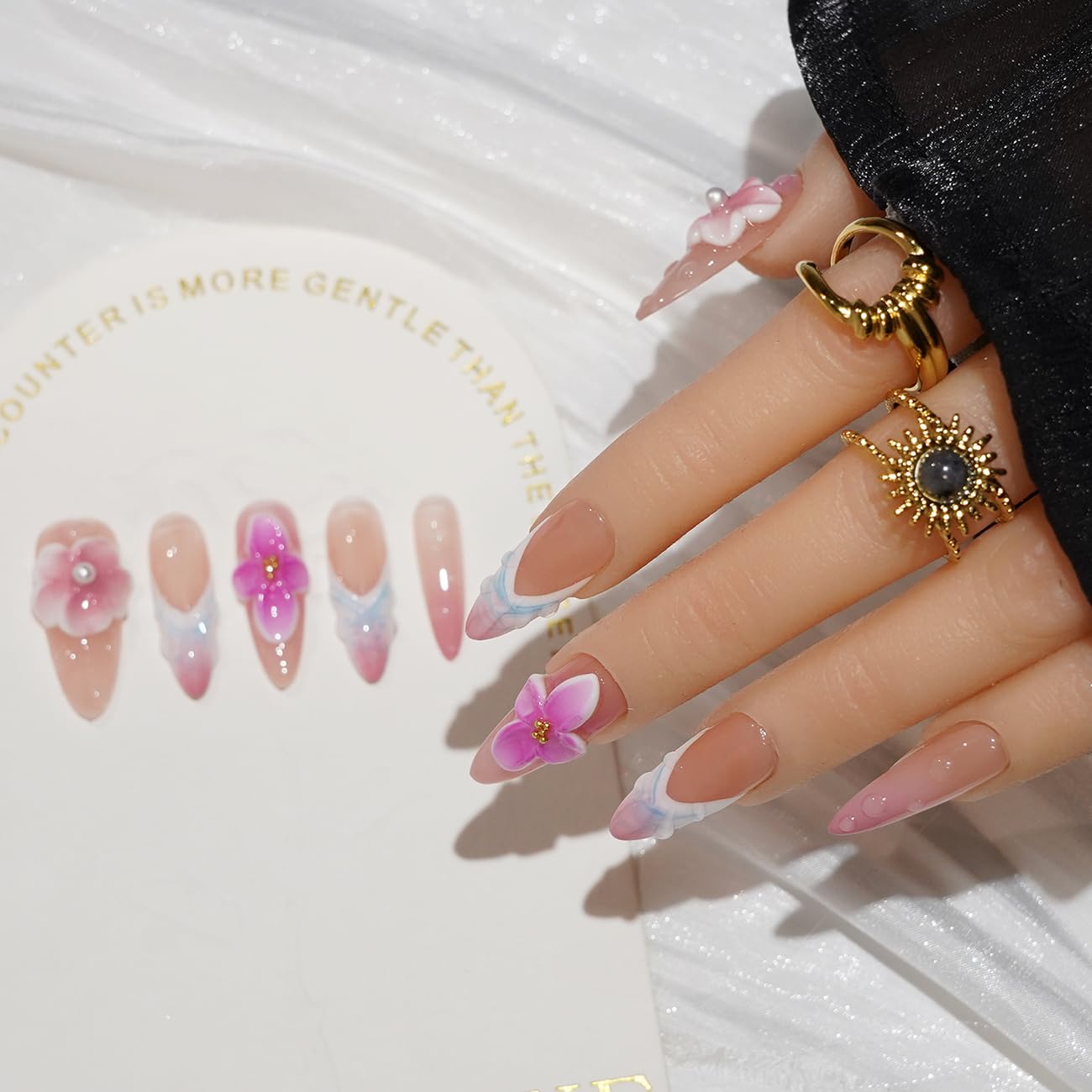 Vanesseva 10pcs Handmade Press On Nails – Medium Almond, 3D Flowers, Chrome Shells, Reusable, Y2K Tropical