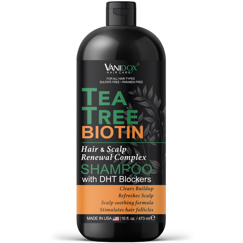 VANIDOX Tea Tree Oil Shampoo with Biotin & DHT Blockers | Itchy Scalp Relief & Thicker-Looking Hair | Made in USA | 16 fl oz