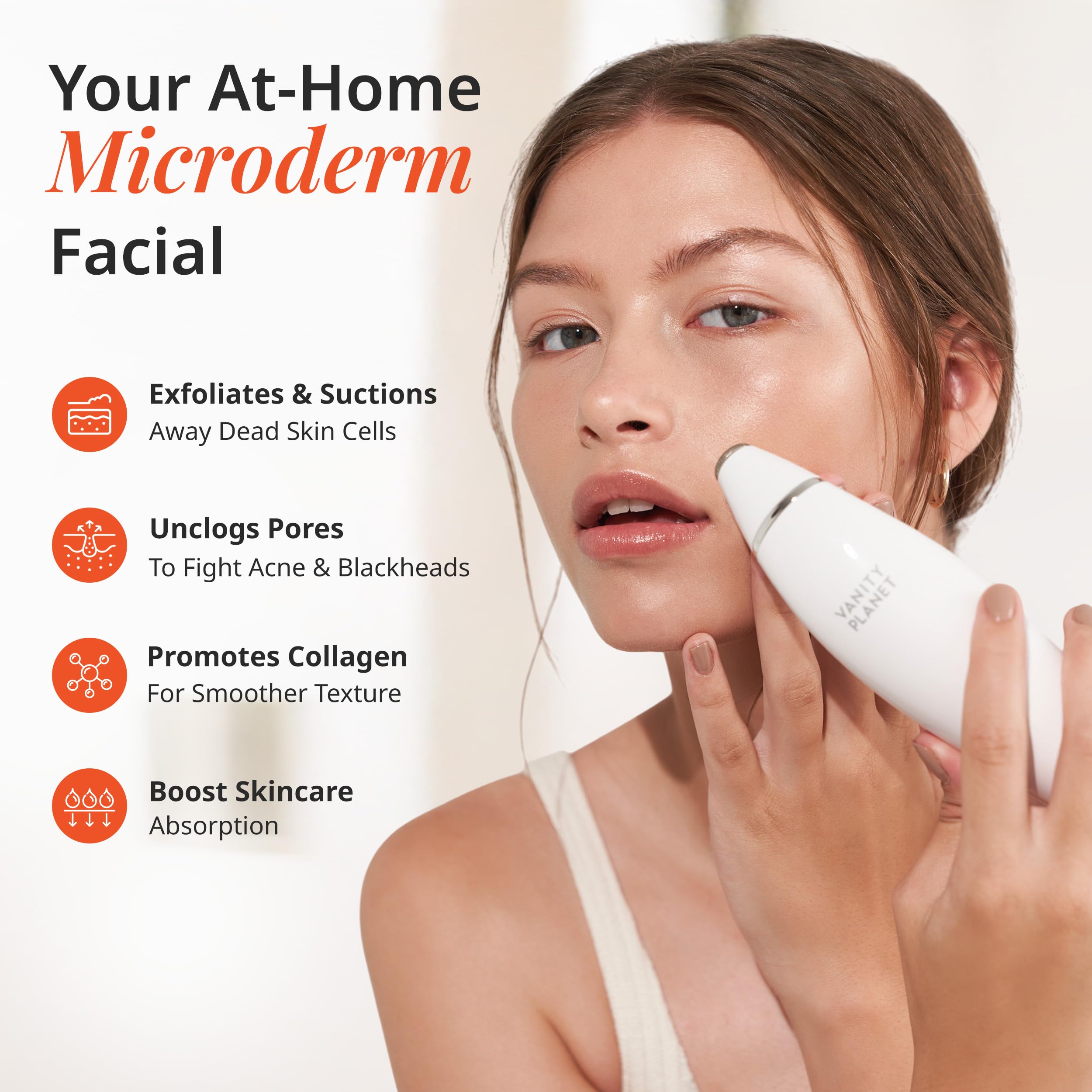 Exfora Facial Microdermabrasion Wand by Vanity Planet | 4 Interchangeable Heads, Dual Charging
