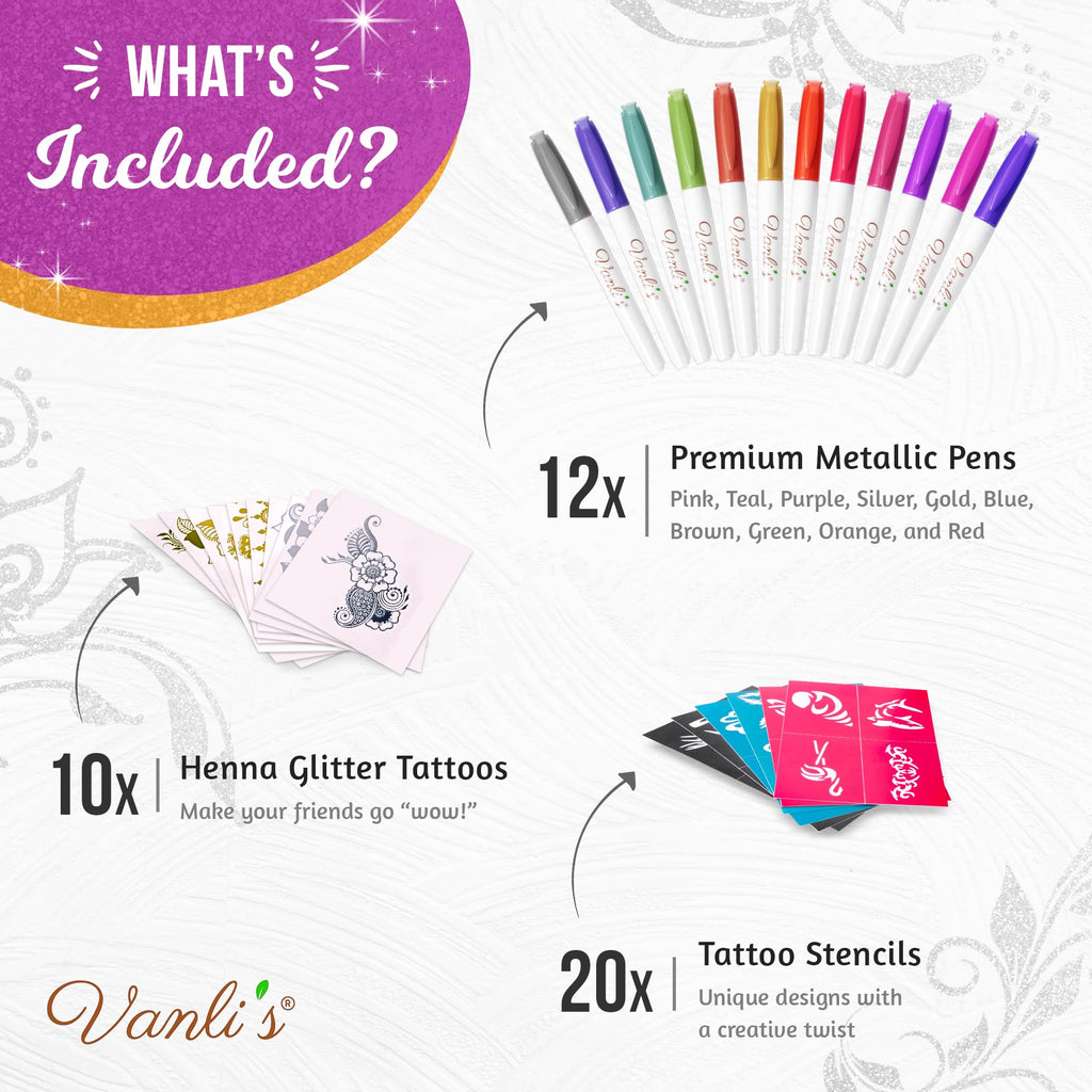 Vanli's Metallic Temporary Tattoo Markers – 12 Pack with 30 Stencil Papers | Body Art for Teens & Adults