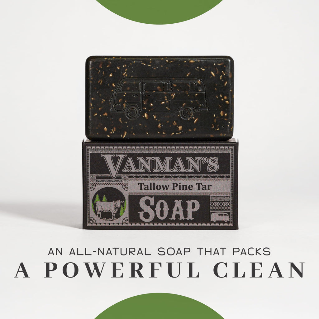 VanMan Tallow & Pine Tar Soap Bar | Grass-Fed Beef Tallow, Oatmeal & Charcoal | Exfoliating Face & Body – 3.8oz | The VanMan Company